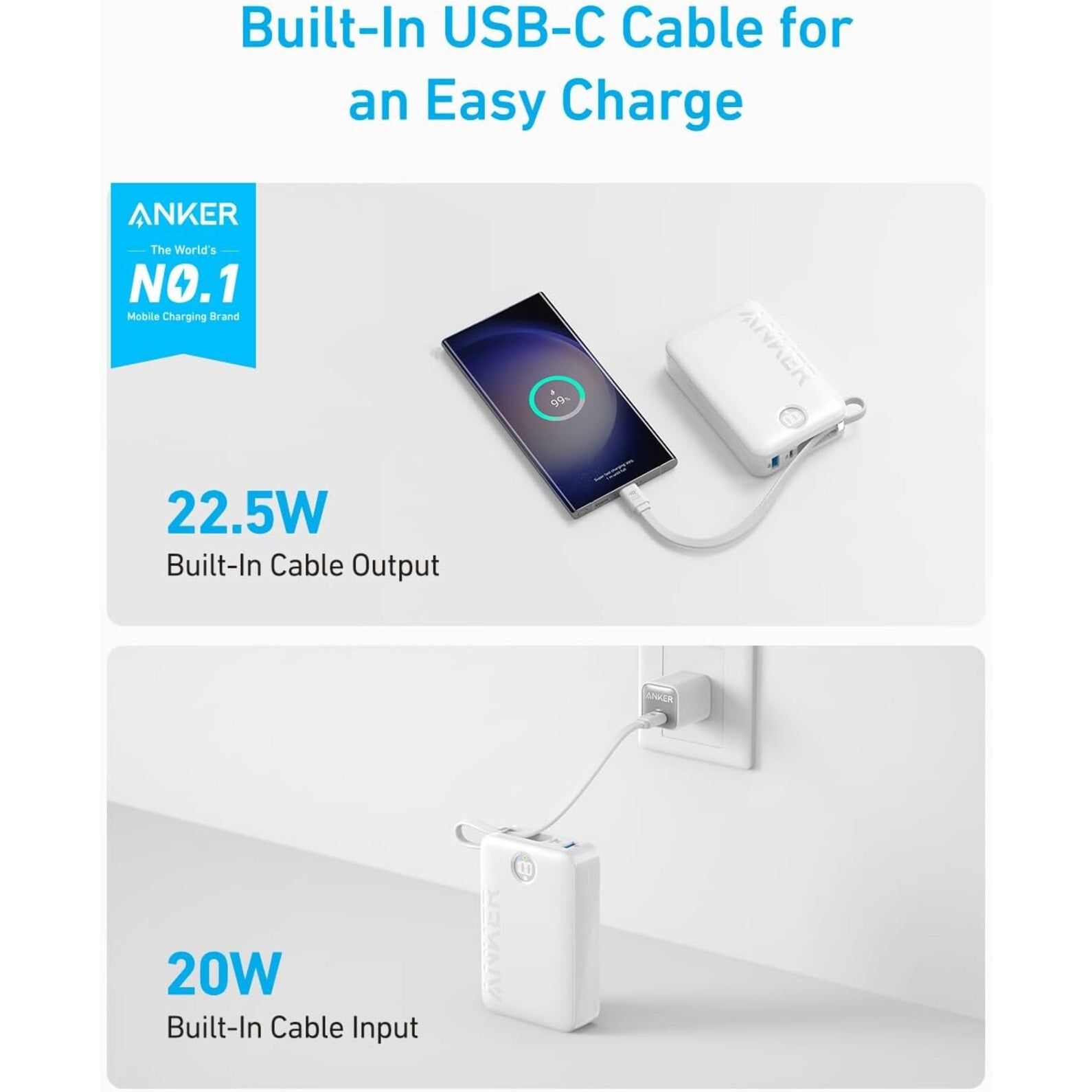 Anker PowerCore 335 20000mAh (22.5W) Power Bank with Built-in USB-C Cable - White