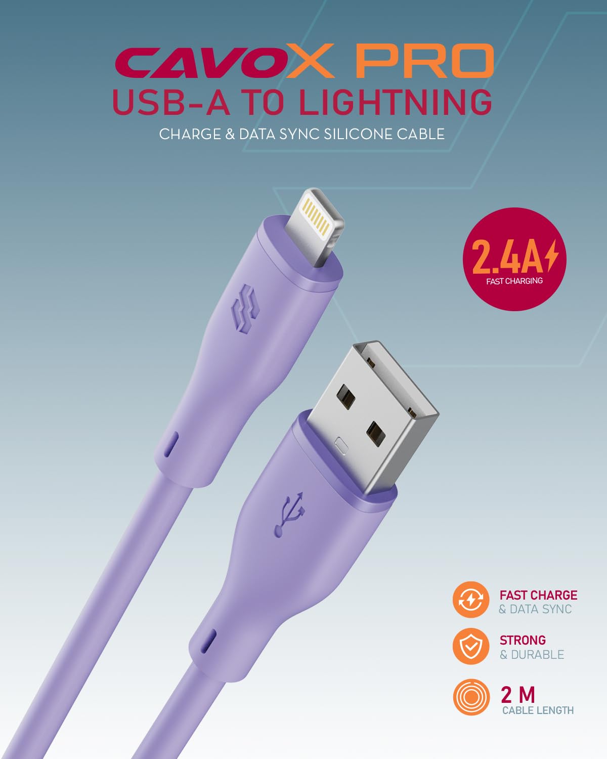 Moxedo CavoX Pro USB-A to Lightning Silicone Cable 2.4A Fast Charge and Data Sync 2.0m (Purple)