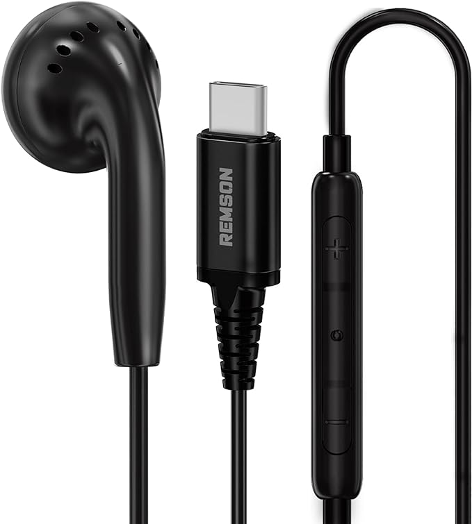 Remson Wired Mono Single USB-C Connector Headphone/Earphone/Earbud with In-Line Remote - Black