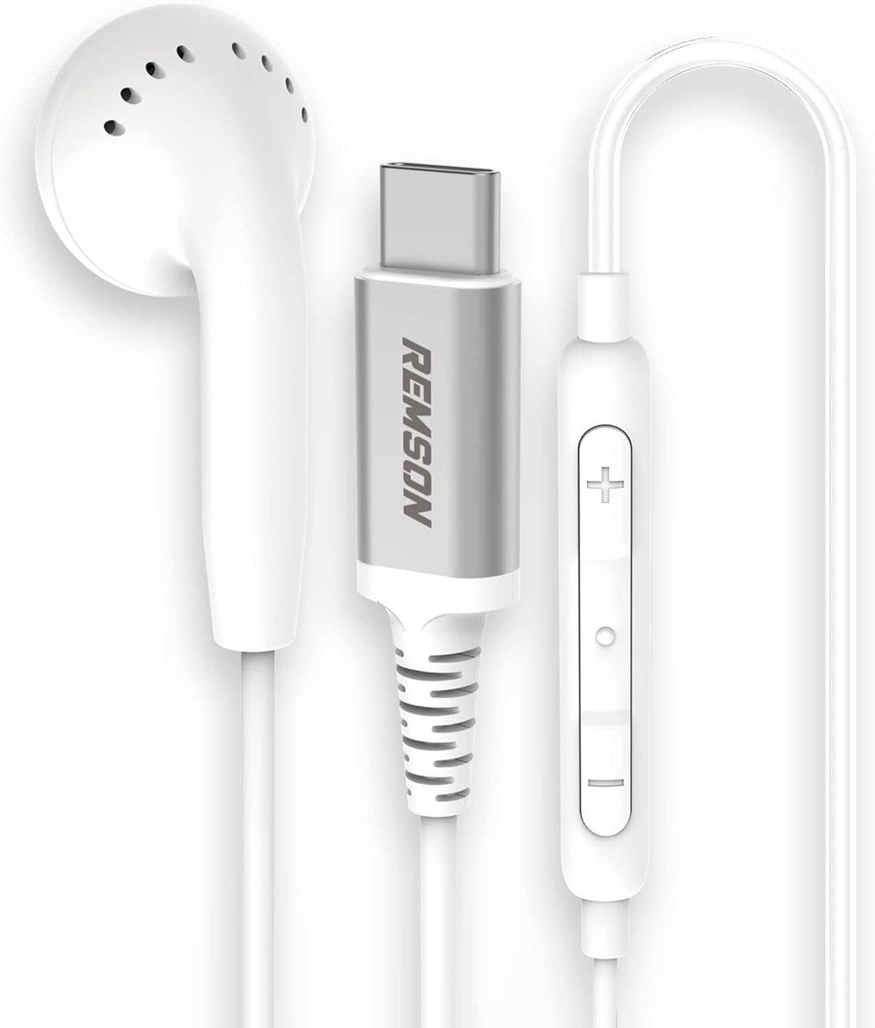 Remson Wired Mono Single USB-C Connector Headphone/Earphone/Earbud with In-Line Remote - White