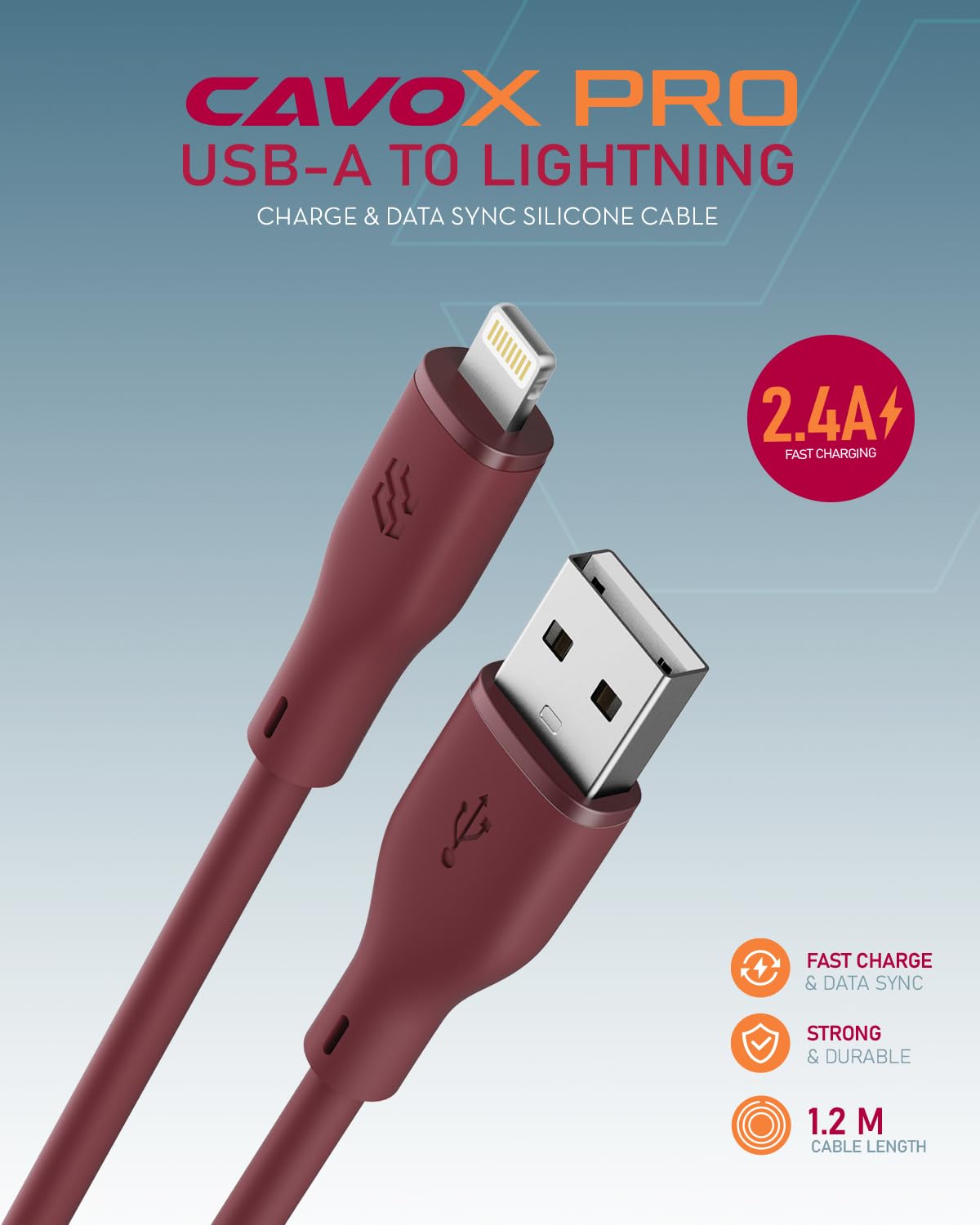 Moxedo CavoX Pro USB-A to Lightning Silicone Cable 2.4A Fast Charge and Data Sync 1.2m (Maroon)