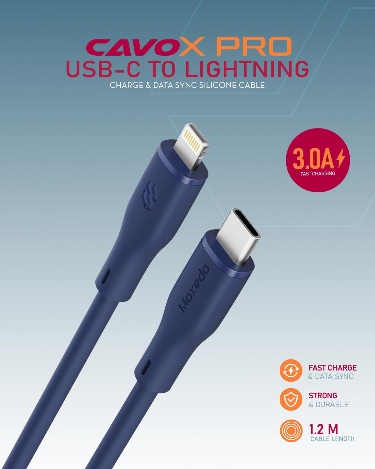 Moxedo CavoX Pro USB-C to Lightning Silicone Cable 27W PD Fast Charge and Data Sync 1.2m (Blue)