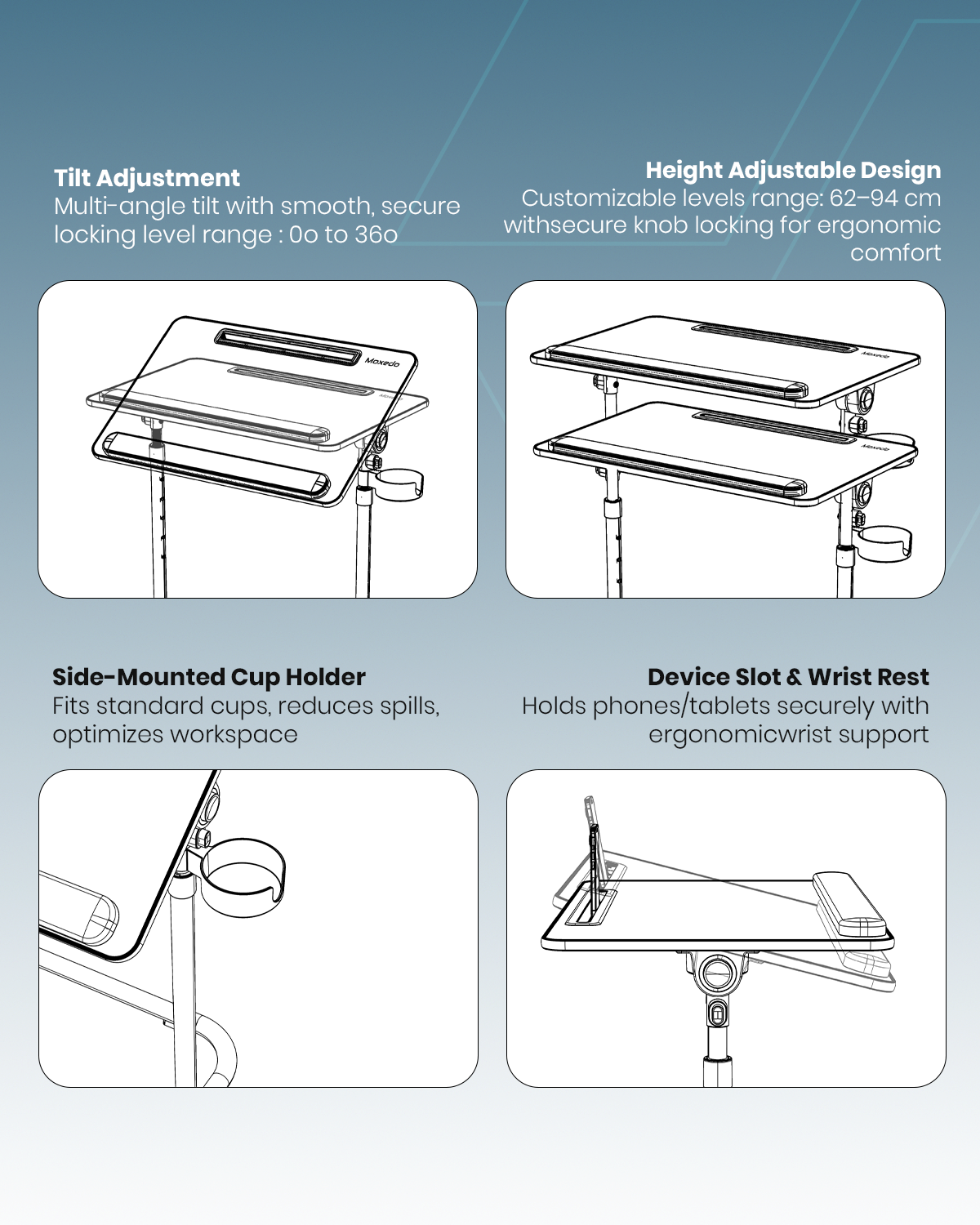 Moxedo Flexmate Adjustable Height Desk for Laptop with Ergonomic Tilt-top Surface with Side-Mounted Cup Holder, Wrist Rest and Device Slot for Phones/Tablets
