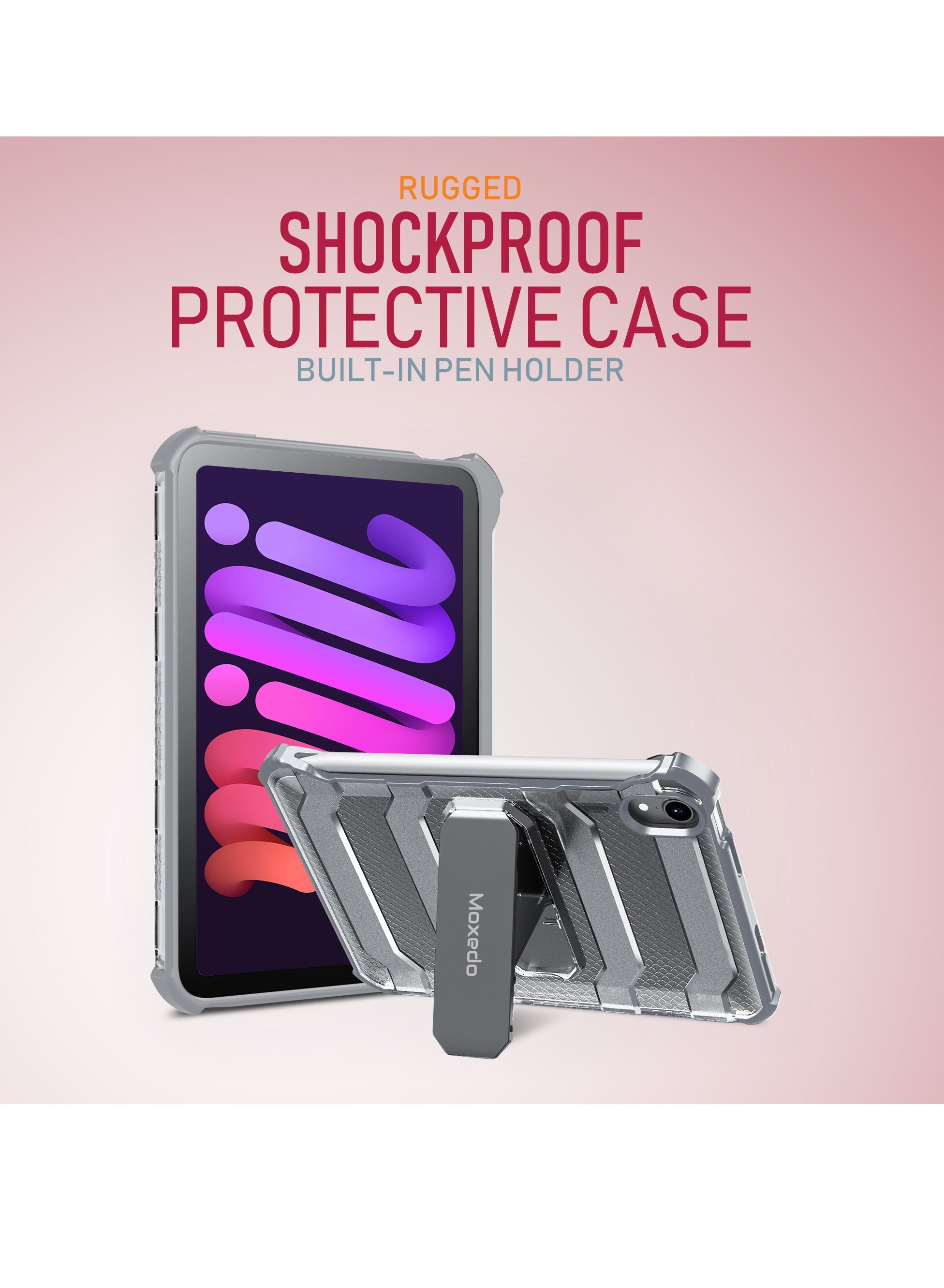 Moxedo Rugged Shockproof Protective Case Cover Hard PC Drop Protection with Kickstand Pen Holder for iPad Mini 6 2021-Silver