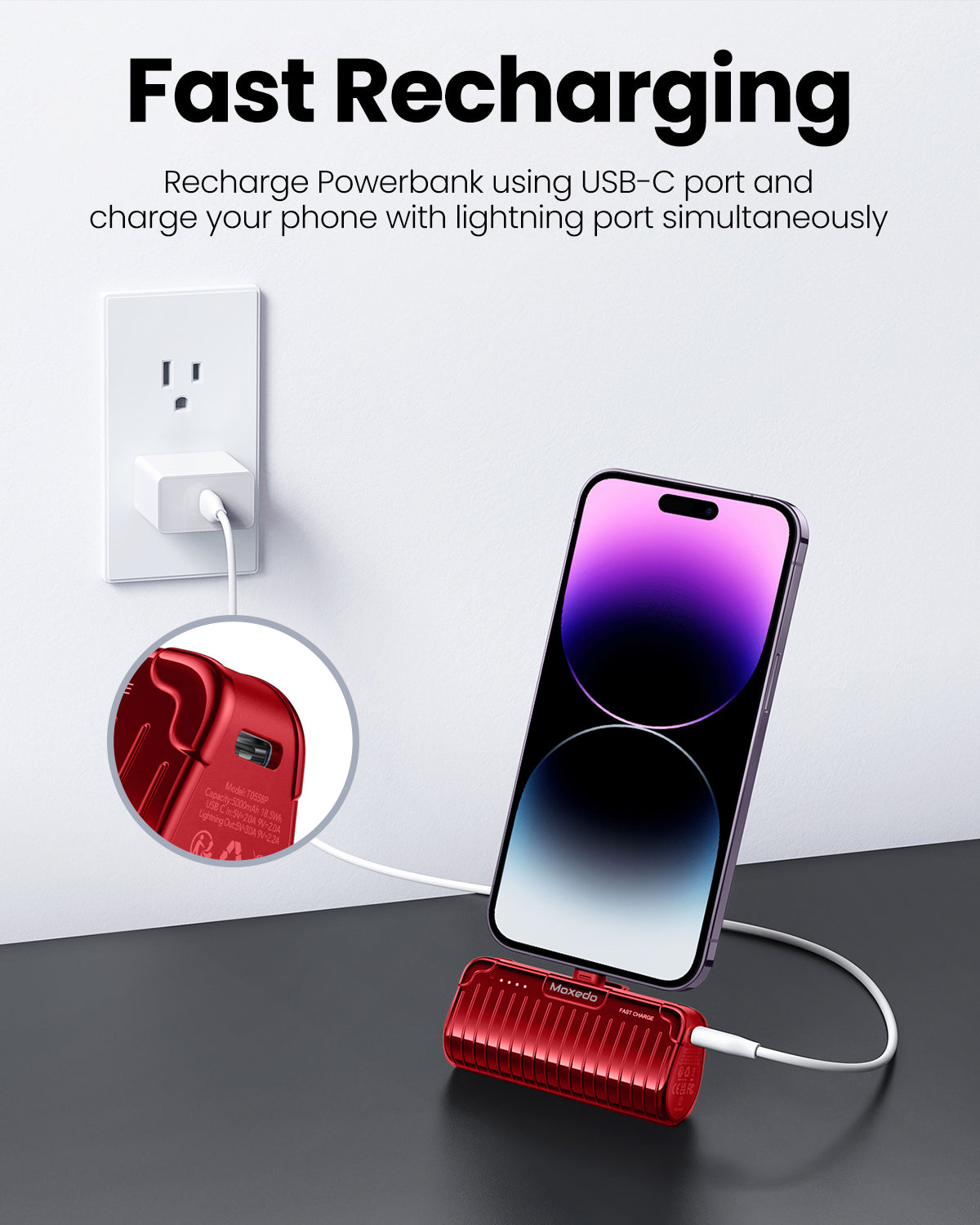 Moxedo Capsule 5000 mAh Mini Power Bank 20W PD Fast Charging Portable Charger with Built-in Lightning Connector with Kickstand (Red)