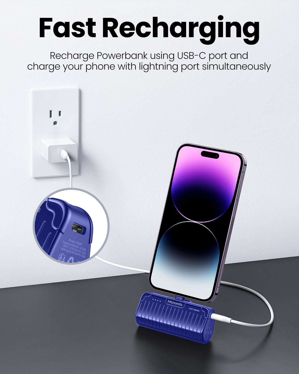 Moxedo Capsule 5000 mAh Mini Power Bank 20W PD Fast Charging Portable Charger with Built-in Lightning Connector with Kickstand (Blue)