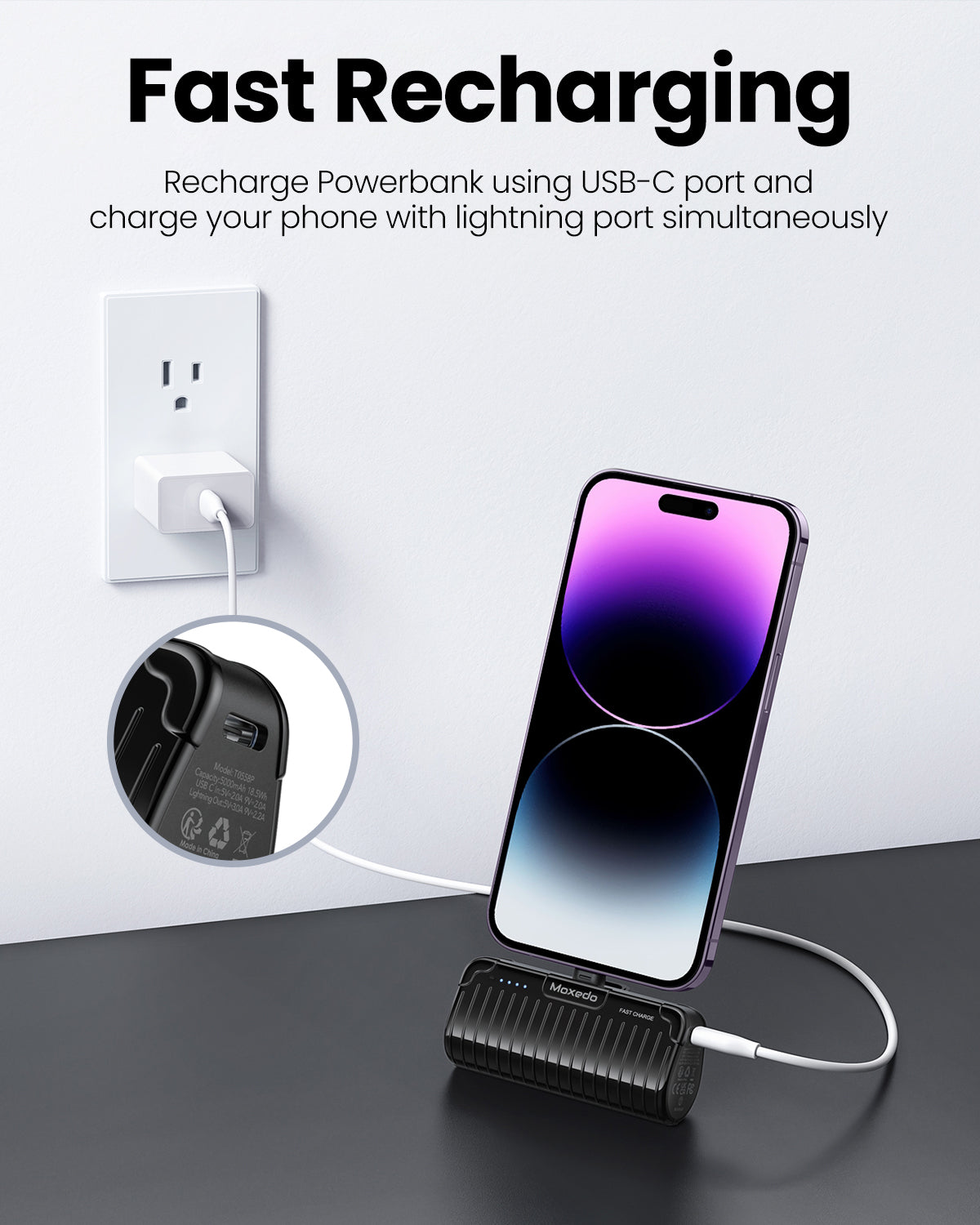 Moxedo Capsule 5000 mAh Mini Power Bank 20W PD Fast Charging Portable Charger with Built-in Lightning Connector with Kickstand (Black)