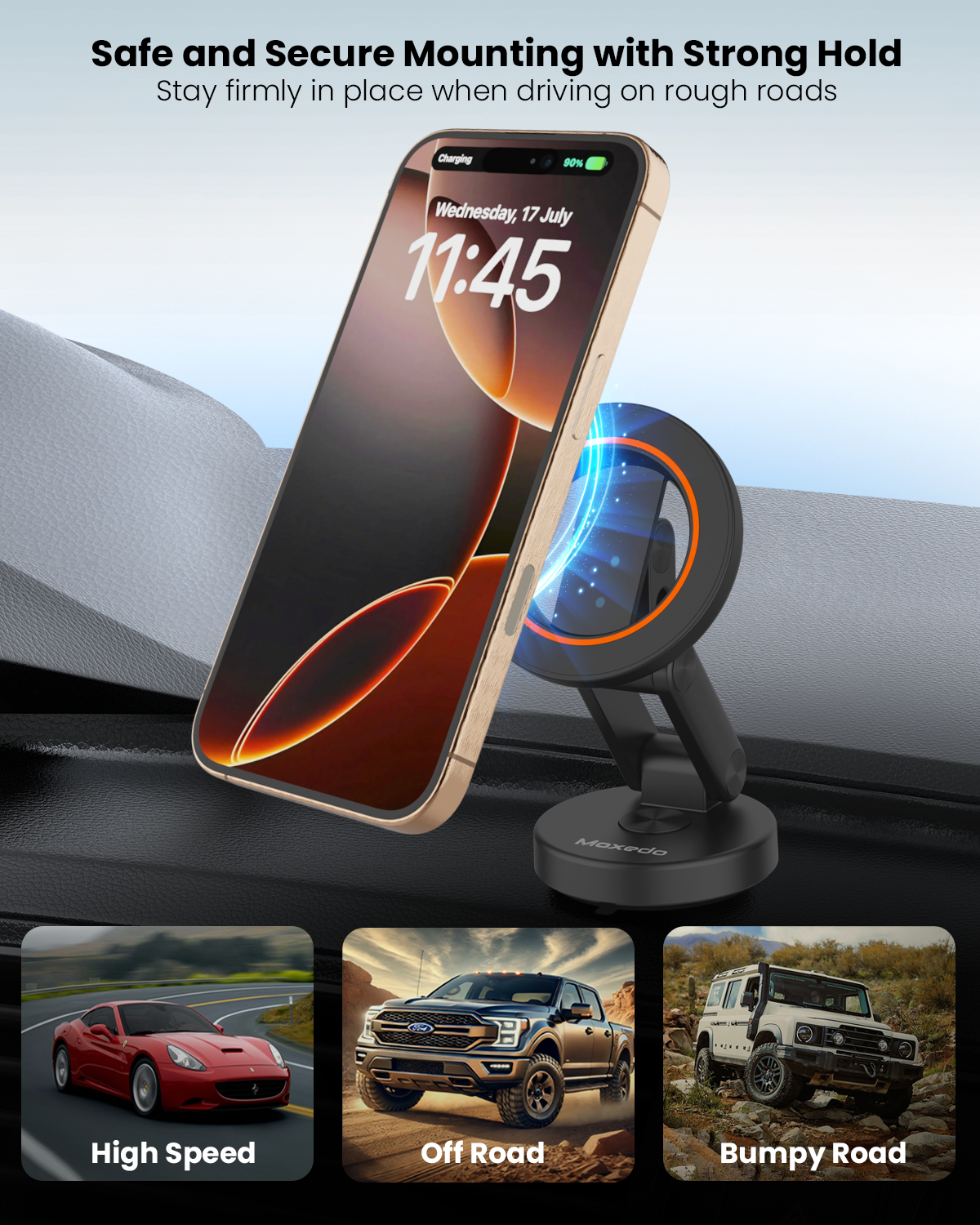 Moxedo Snap-On Magnetic Car Phone Holder Dashboard Mount for iPhone 16/15/14/13/12, Android with Extra Metal Ring MagSafe Compatible, 360° Rotating Base, Foldable Design with N52 Magnets