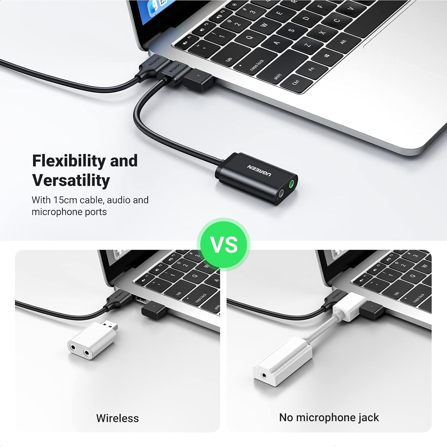 UGREEN USB Sound Card USB 2.0 to 3.5mm Jack Audio Adapter Dual Aux Stereo Headphone Microphone Splitter External DAC Dongle