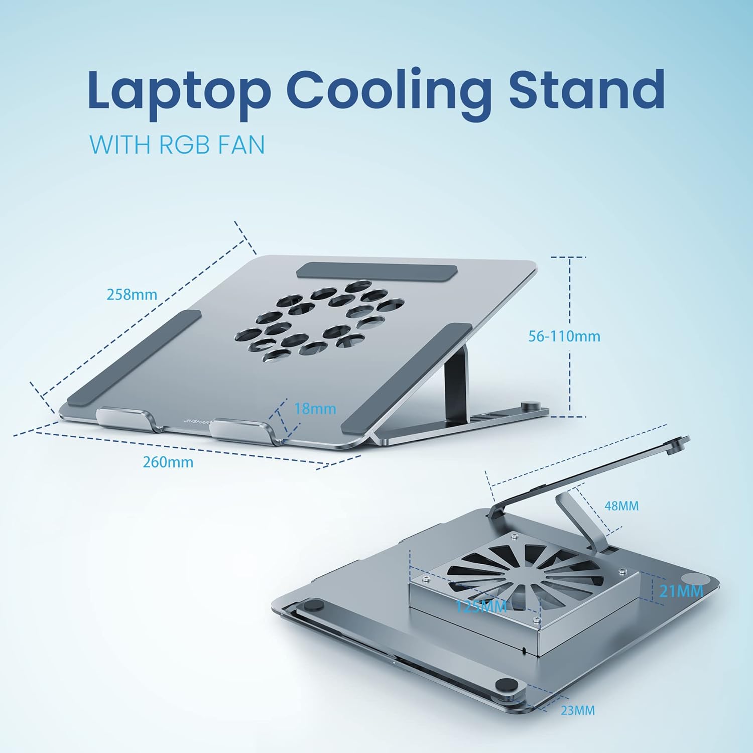 Remson Adjustable Cooling Laptop Stand with RGB Fan, Aluminum Alloy Laptop Holder - Silver