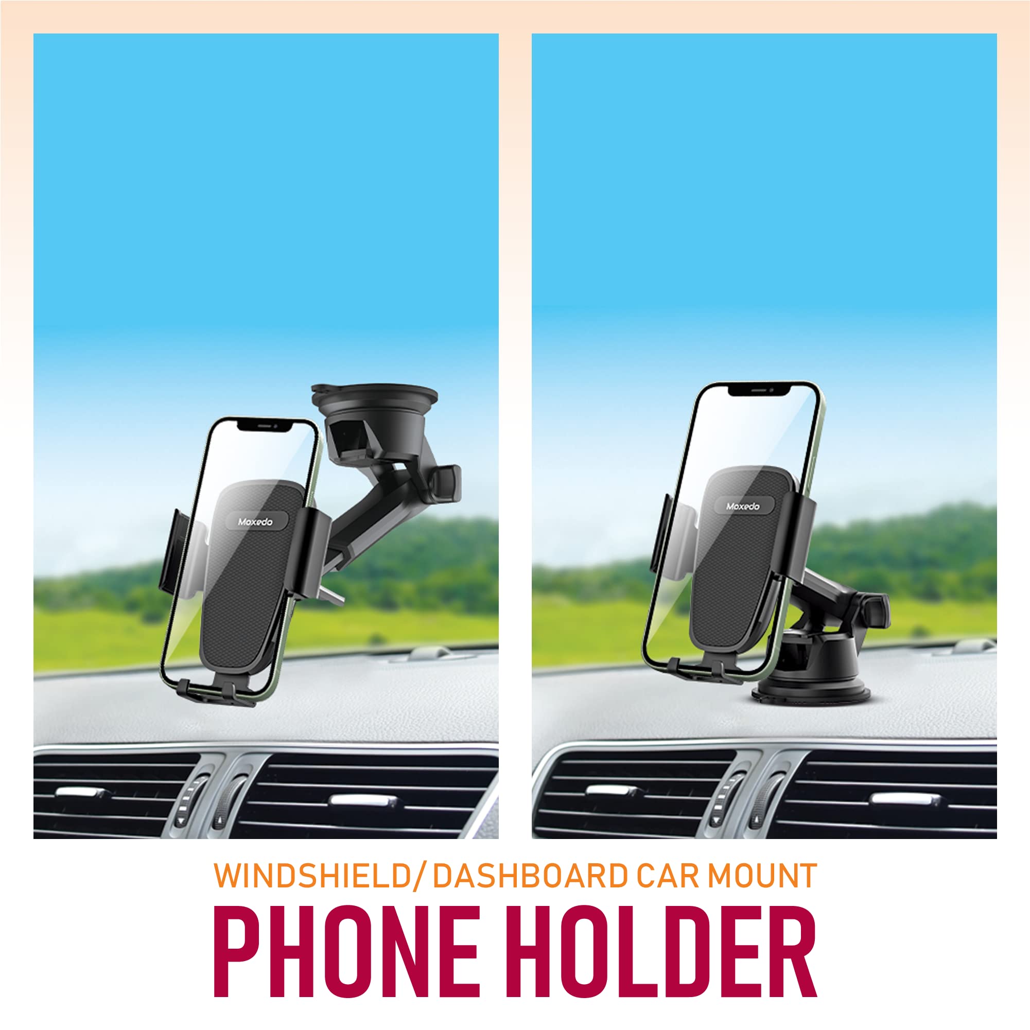 Moxedo Car Mount Phone Holder Windshield/Dashboard, Adjustable Telescopic Arm, Rotation Suction Cup