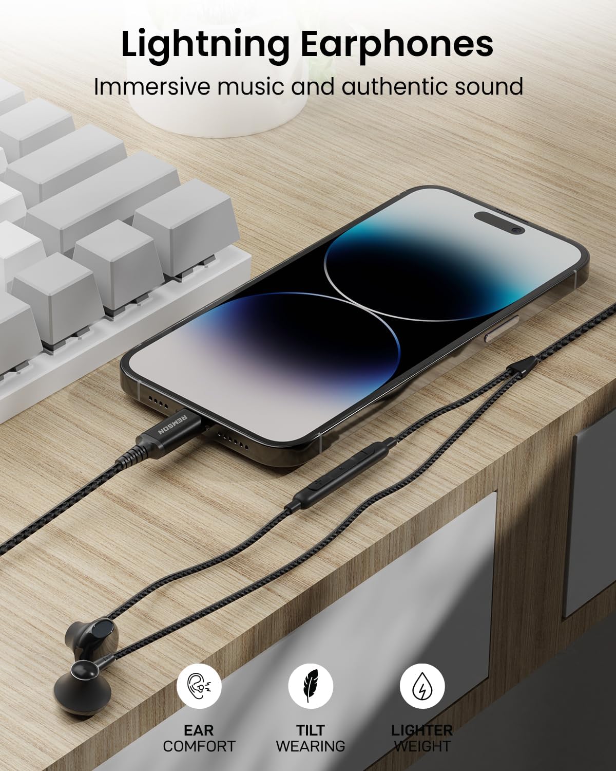 [Apple MFi Certified] Remson Wired Stereo Earphones MFi Lightning Connector Headphones/Earphones/Earbuds Hi-Fi with In-Line Remote - Black