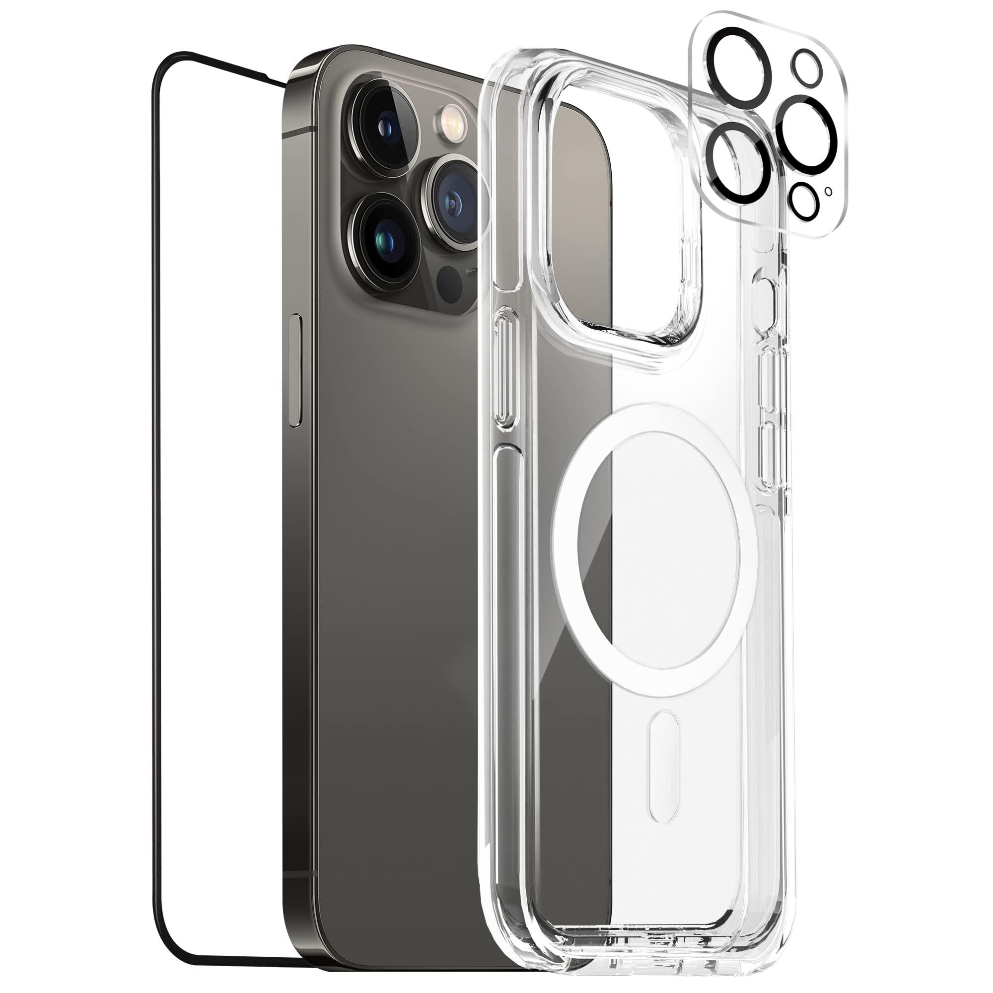 Moxedo 3 in 1 Protection Pack, Tempered Glass Screen Protector, Magnetic Clear Case and Camera Lens Protector Compatible For iPhone 13 Pro