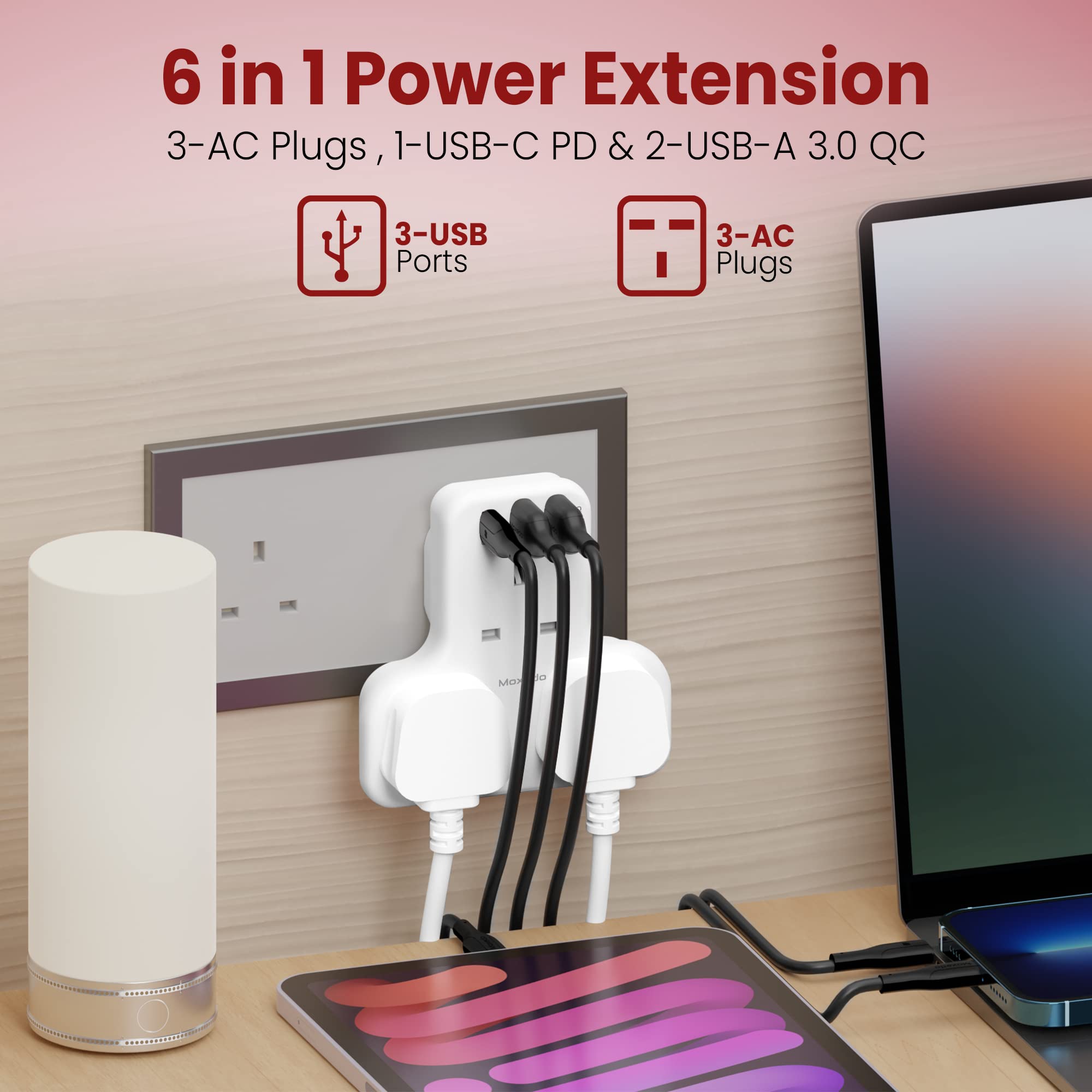 Moxedo 6 in 1 UK-Plug Power Extension Adapter with 2 USB-A Ports and 20W USB TYPE-C PD 3.0, 3 Way Electrical Extender Outlet