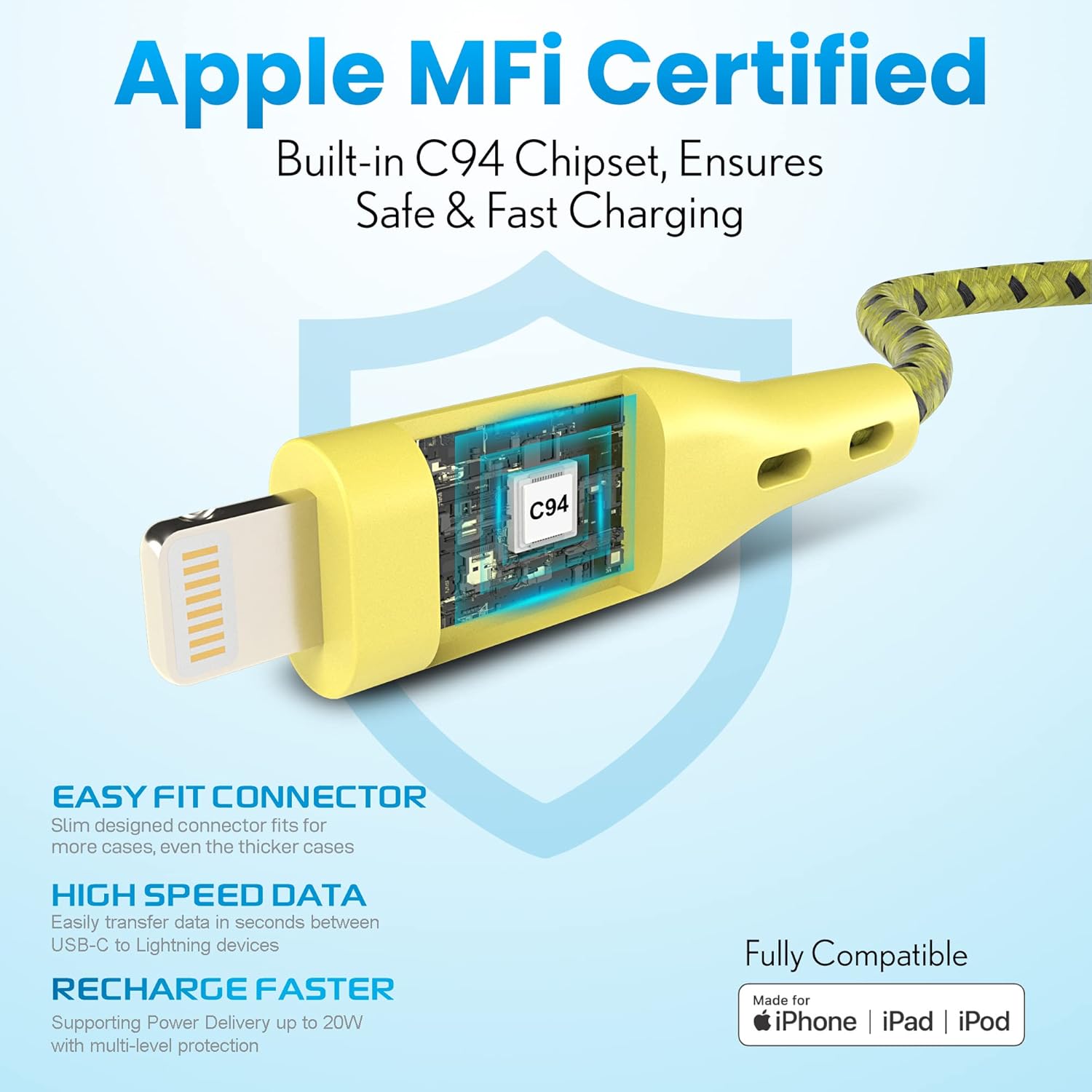 �Apple MFi Certified‘Remson Rapid-Link Nylon Braided Cable USB-C to Lightning Cable PD Fast Charge & Data Sync 1.2M (Yellow)