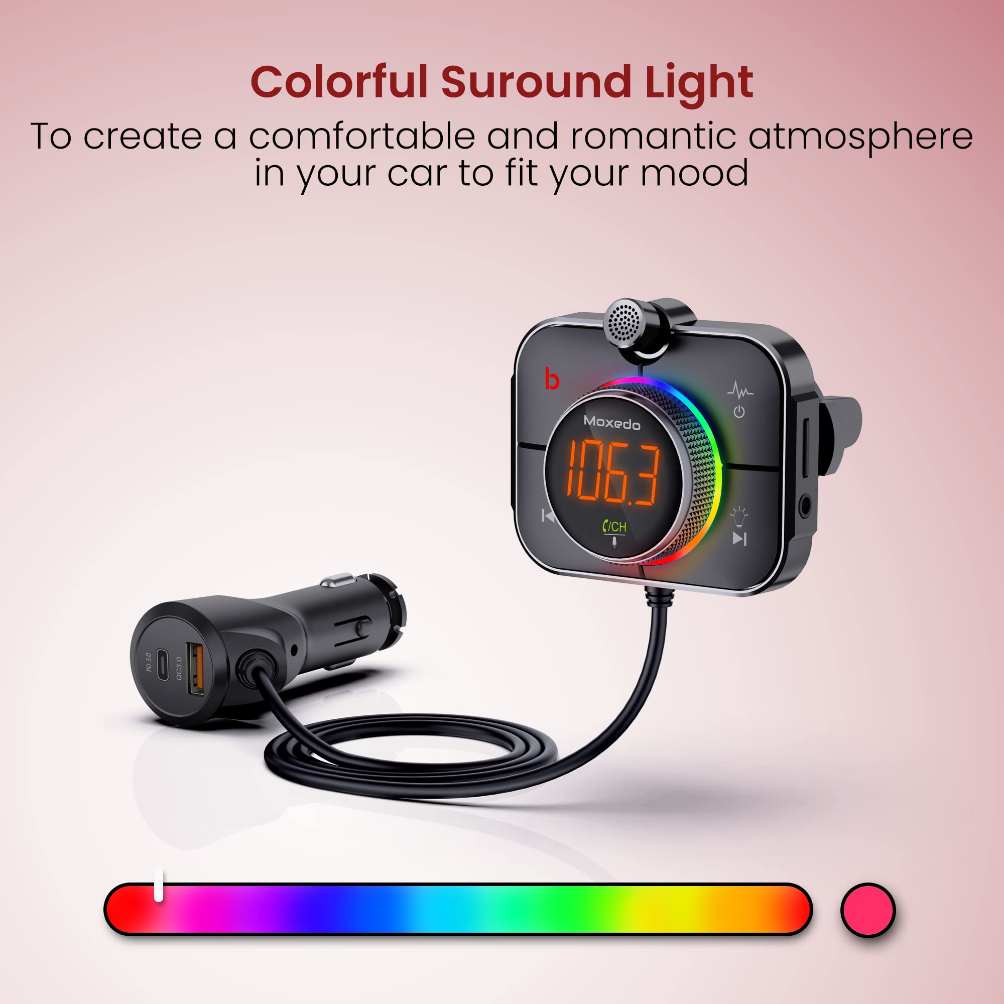 Moxedo Car FM Transmitter Wireless Bluetooth PD3.0 & QC 3.0 38W Dual Ports USB-A/USB TYPE-C Car Charger Hands-Free Call, Noise Cancellation, Bass Booster, 7 RGB Colors Support SD Card AUX Input