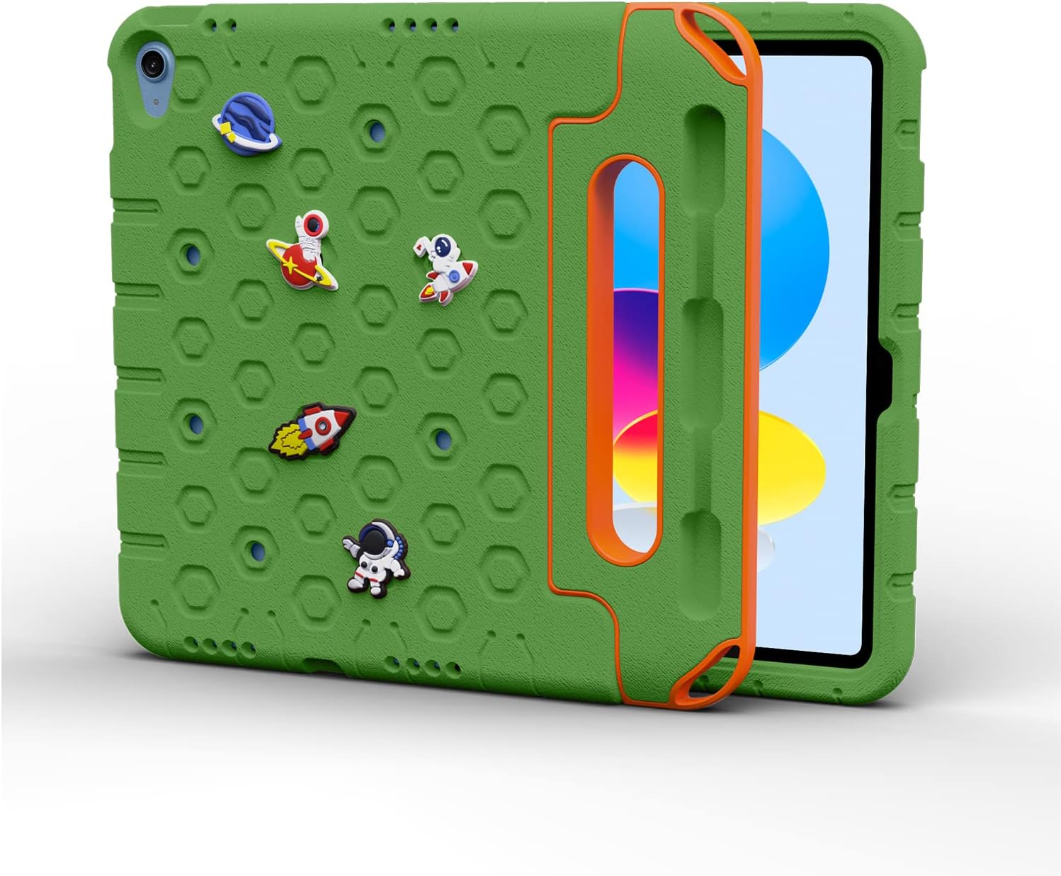 Moxedo Rugged Protective EVA Silicone Kids Case Cover, Shockproof DIY 3D Cartoon Pattern with Pencil Holder, Stand and Handle Grip for Apple iPad 2022 (10th Gen) 10.9 inch (Green)