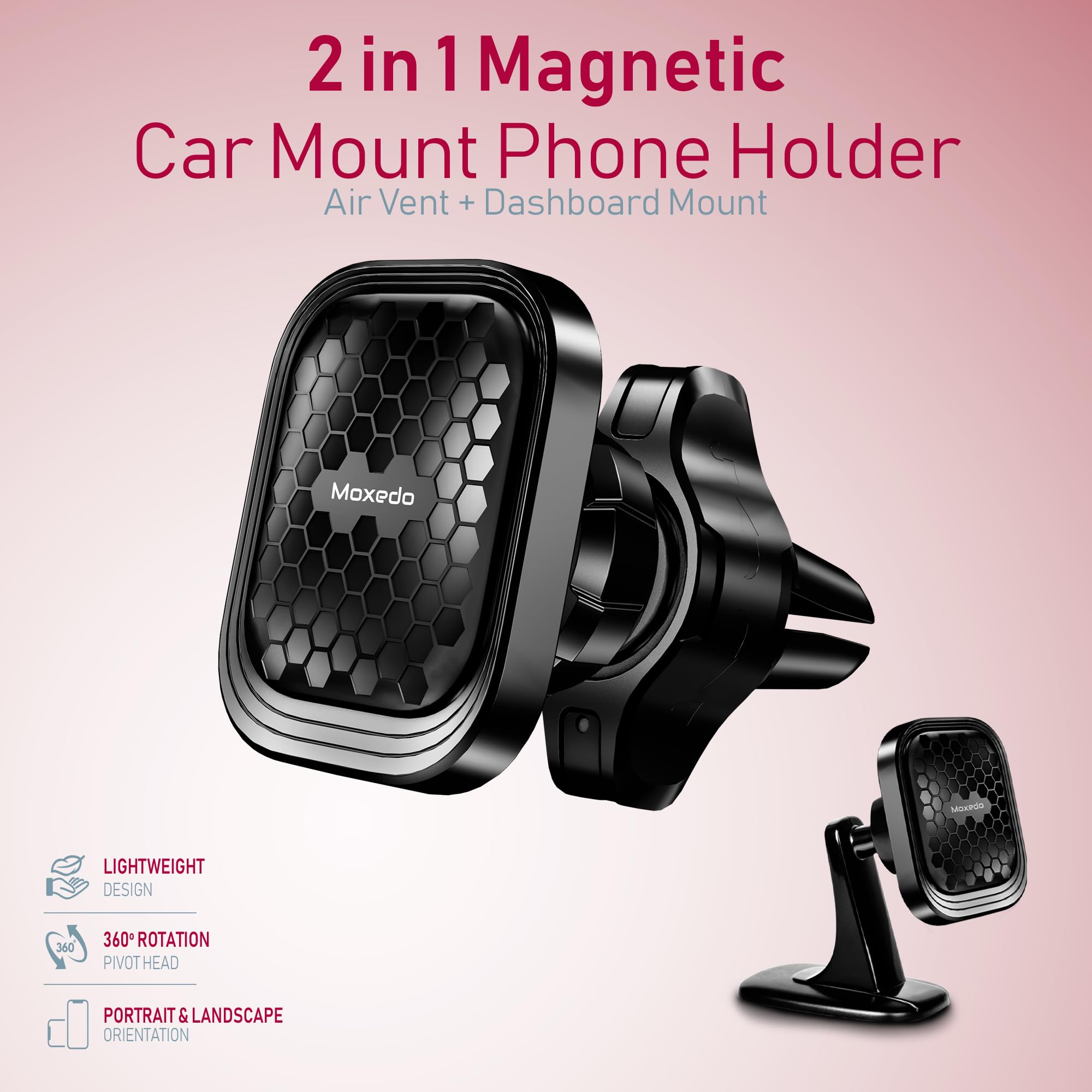 Moxedo 2 in1 Magnetic Car Mount Phone Holder Air Vent and Dashboard Mount 360° Rotation, Interchangeable with Stand for Dash Mount