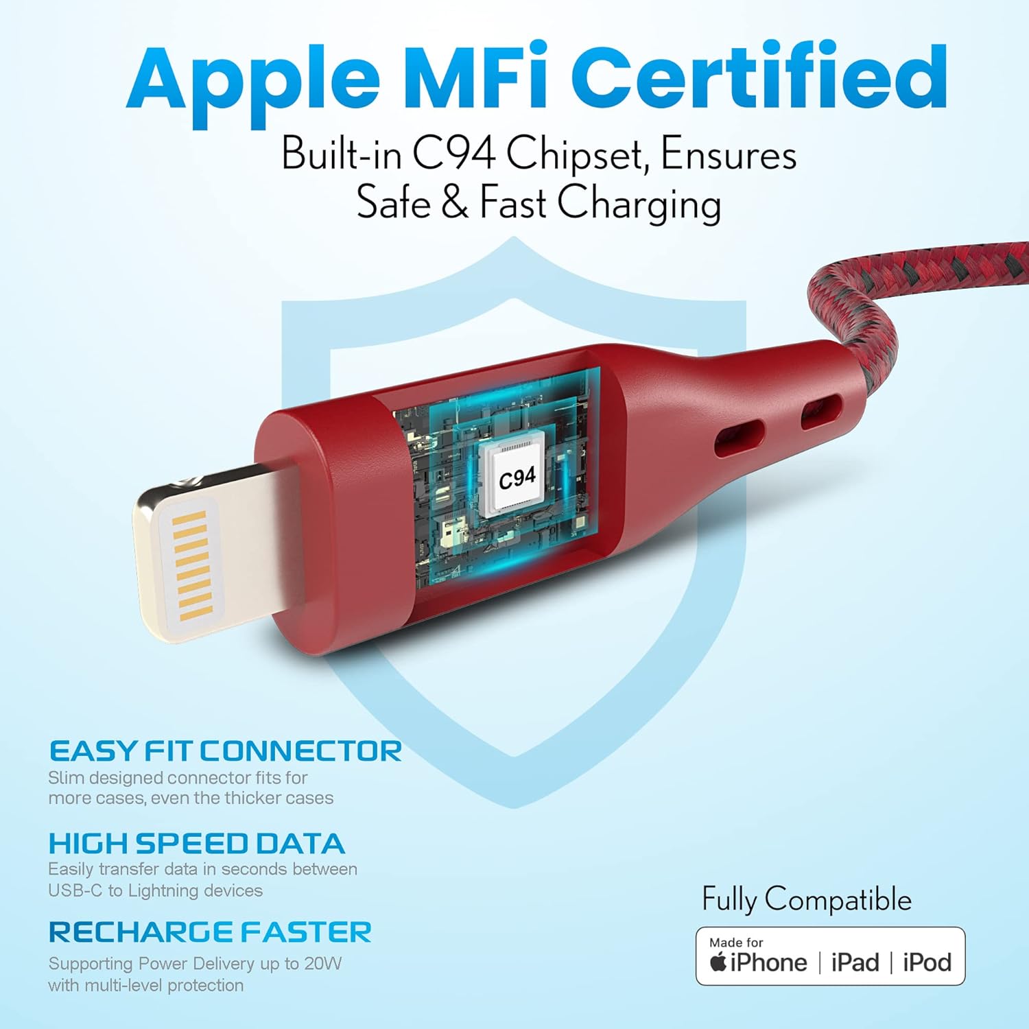 【Apple MFi Certified】Remson Rapid-Link Nylon Braided Cable USB-C to Lightning Cable PD Fast Charge & Data Sync 1.2M (Red)