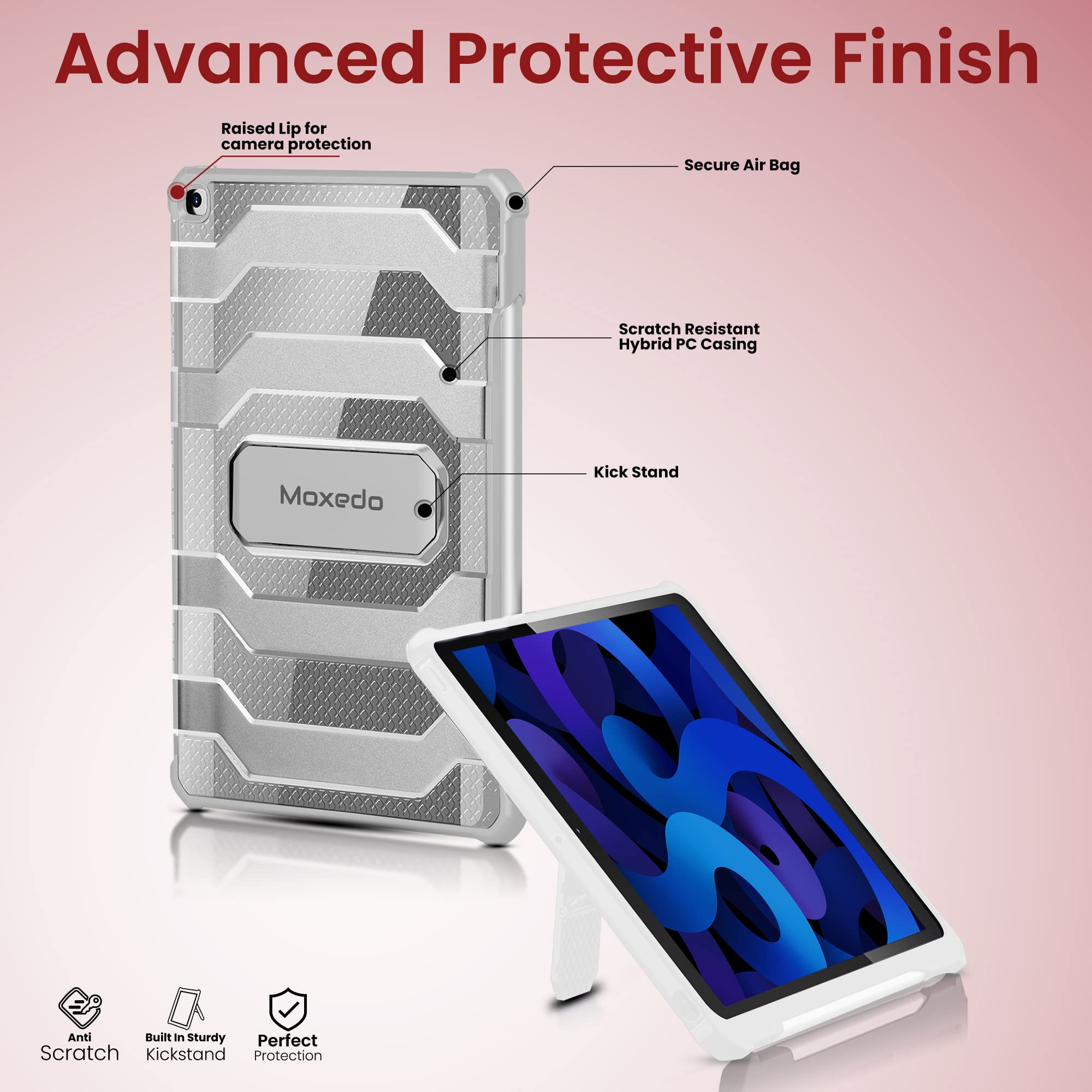 Moxedo Rugged Shockproof Protective Case Cover Hard PC Drop Protection with Kickstand Pen Holder for iPad 10.2 inches 2021/2020/2019- White