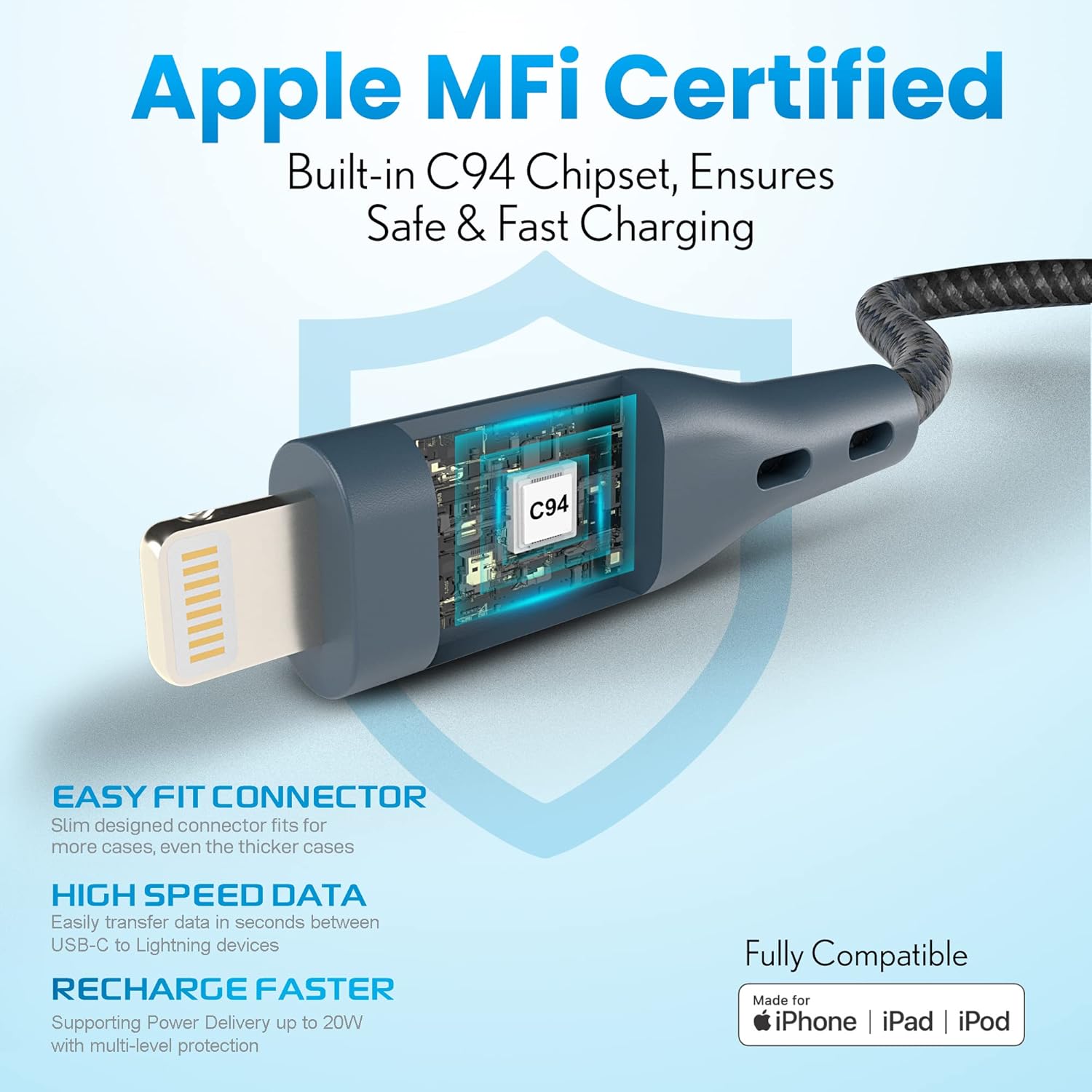 �Apple MFi Certified‘Remson Rapid-Link Nylon Braided Cable USB-C to Lightning Cable PD Fast Charge & Data Sync 1.2M (Blue)