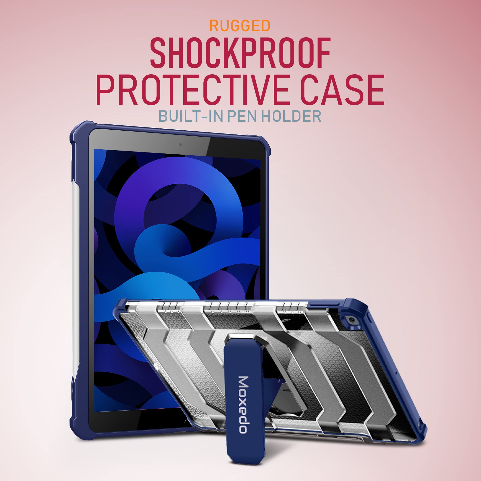 Moxedo Rugged Shockproof Protective Case Cover Hard PC Drop Protection with Kickstand Pen Holder for iPad 10.2 inches 2021/2020/2019- Dark Blue