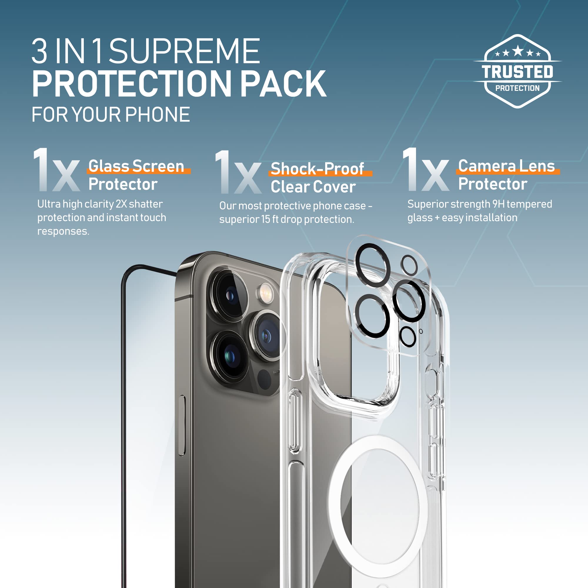 Moxedo 3 in 1 Protection Pack, Tempered Glass Screen Protector, Magnetic Clear Case and Camera Lens Protector Compatible For iPhone 13 Pro