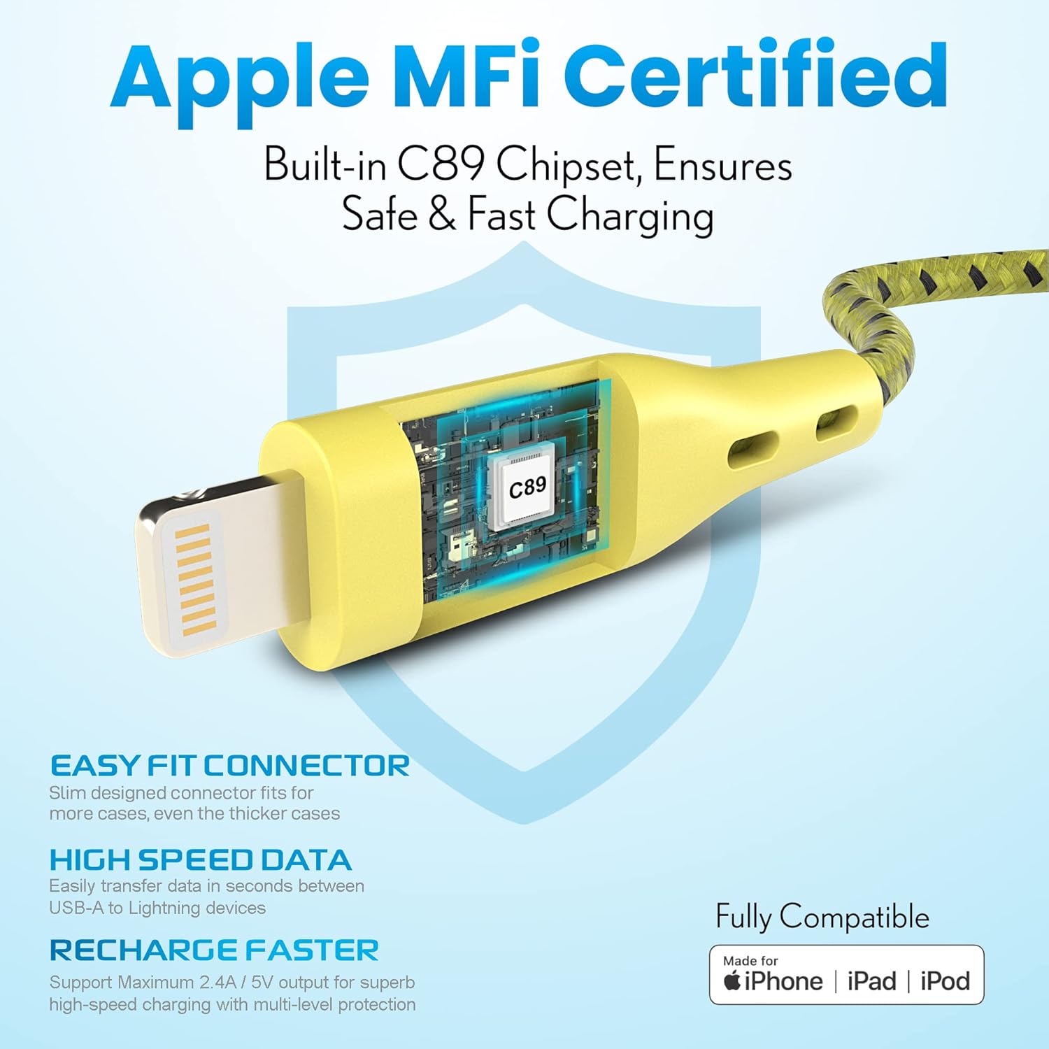 【Apple MFi Certified】Remson Rapid-Link Nylon Braided Cable USB-A to Lightning Cable PD Fast Charge & Data Sync Compatible with iPhone 13 Pro/13 Pro Max/ 12/12 Pro Max/SE/XS Max (Yellow, 1.2 Meter)