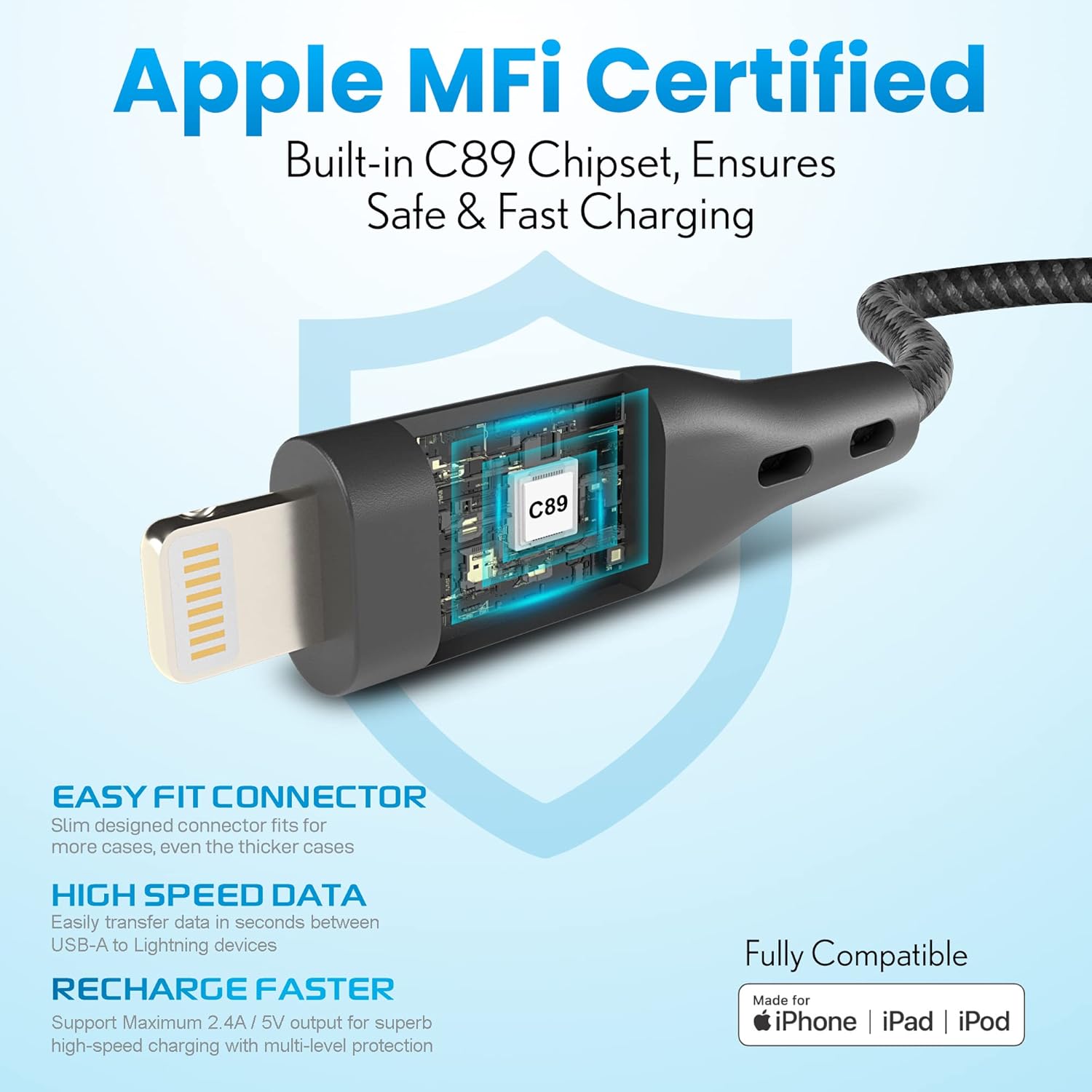 【Apple MFi Certified】Remson Rapid-Link Nylon Braided Cable USB-A to Lightning Cable PD Fast Charge & Data Sync Compatible with iPhone 13 Pro/13 Pro Max/ 12/12 Pro Max/SE/XS Max (Black, 2 Meter)