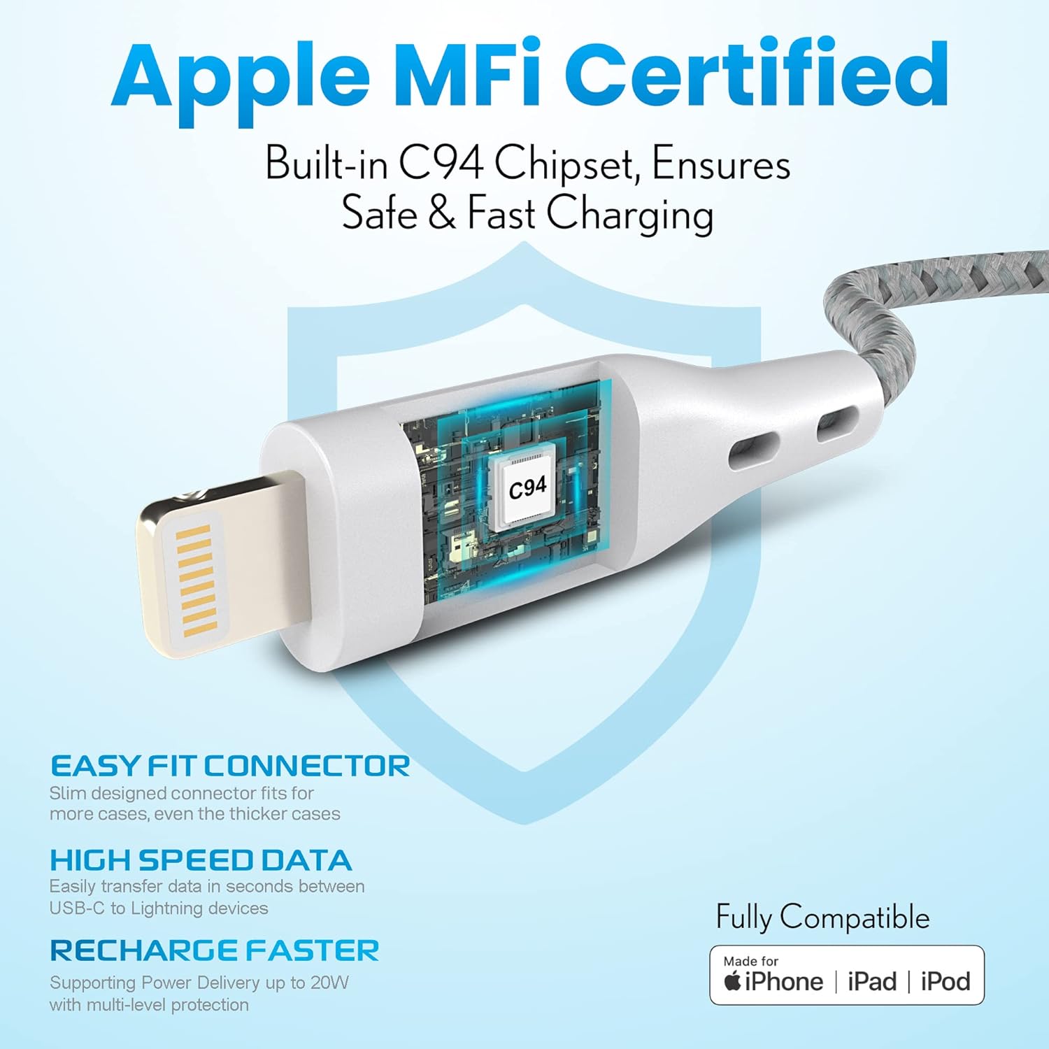 �Apple MFi Certified‘Remson Rapid-Link Nylon Braided Cable USB-C to Lightning Cable PD Fast Charge & Data Sync 1.2M (White)