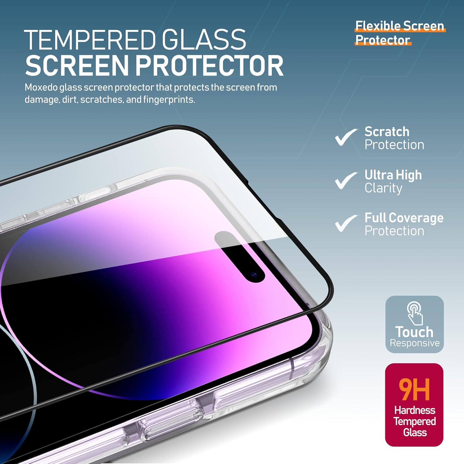 Moxedo 3 in 1 Protection Pack, Tempered Glass Screen Protector, Clear Case and Camera Lens Protector for iPhone 14 Pro Max