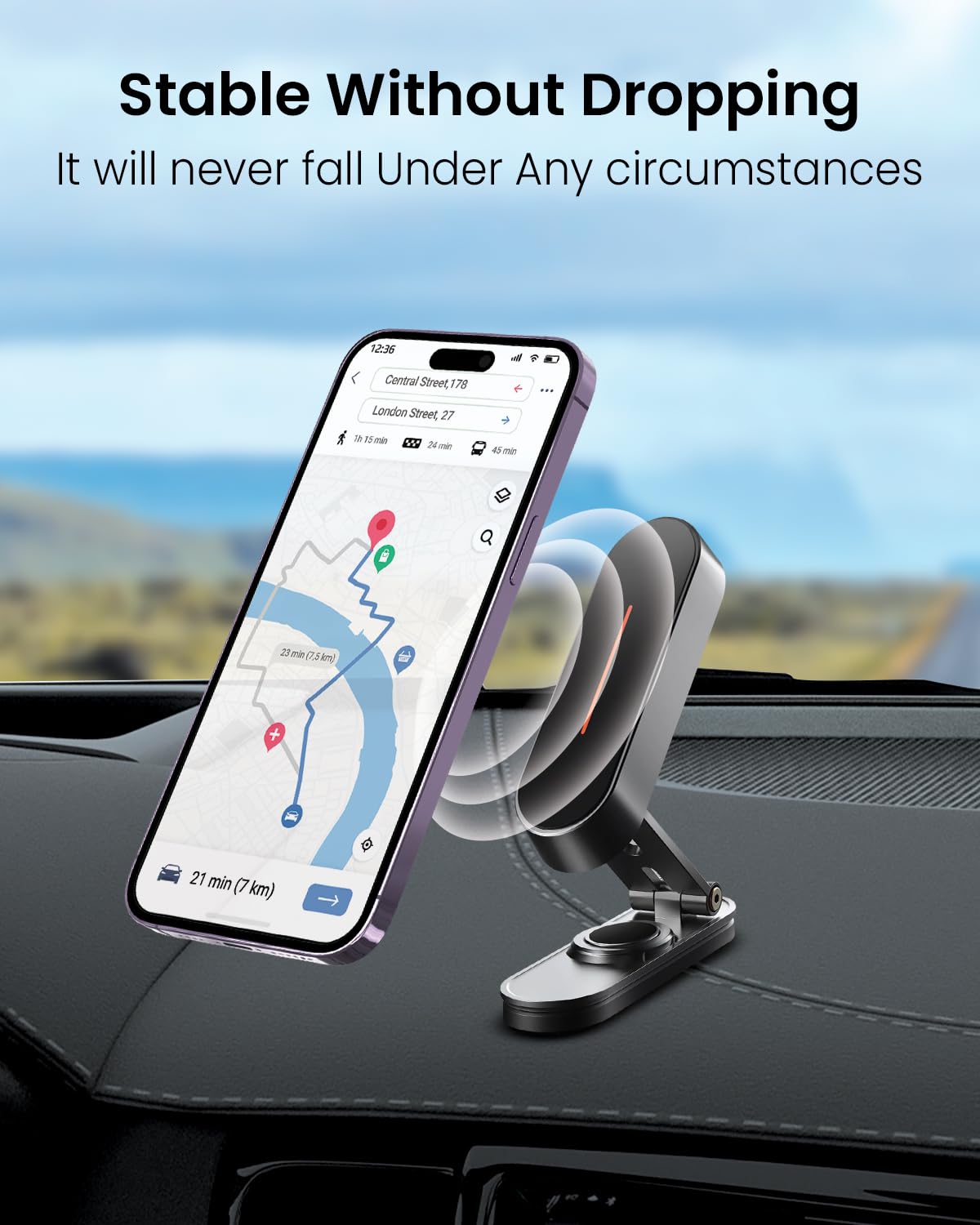Moxedo Magnetic Car Phone Holder Foldable Adjustable One-Handed Operation Aluminum Alloy 360° Rotation with Metal Plate for All Smartphone