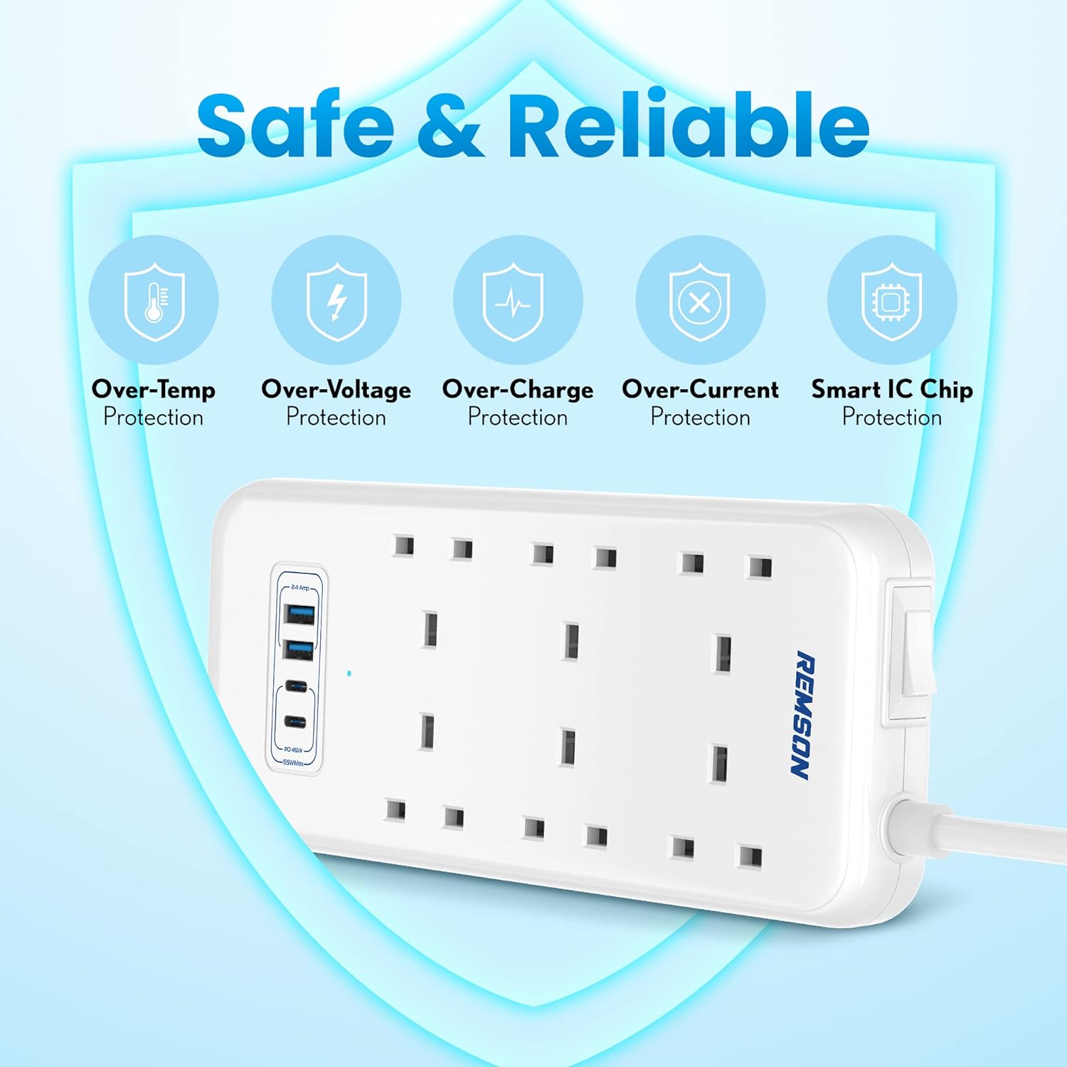 Remson 65W Essential 4 USB Surge Protector 10 Way 2 USB-C PD Ports + 2 USB-A Ports + 6  with 5M Cable Outlets - White