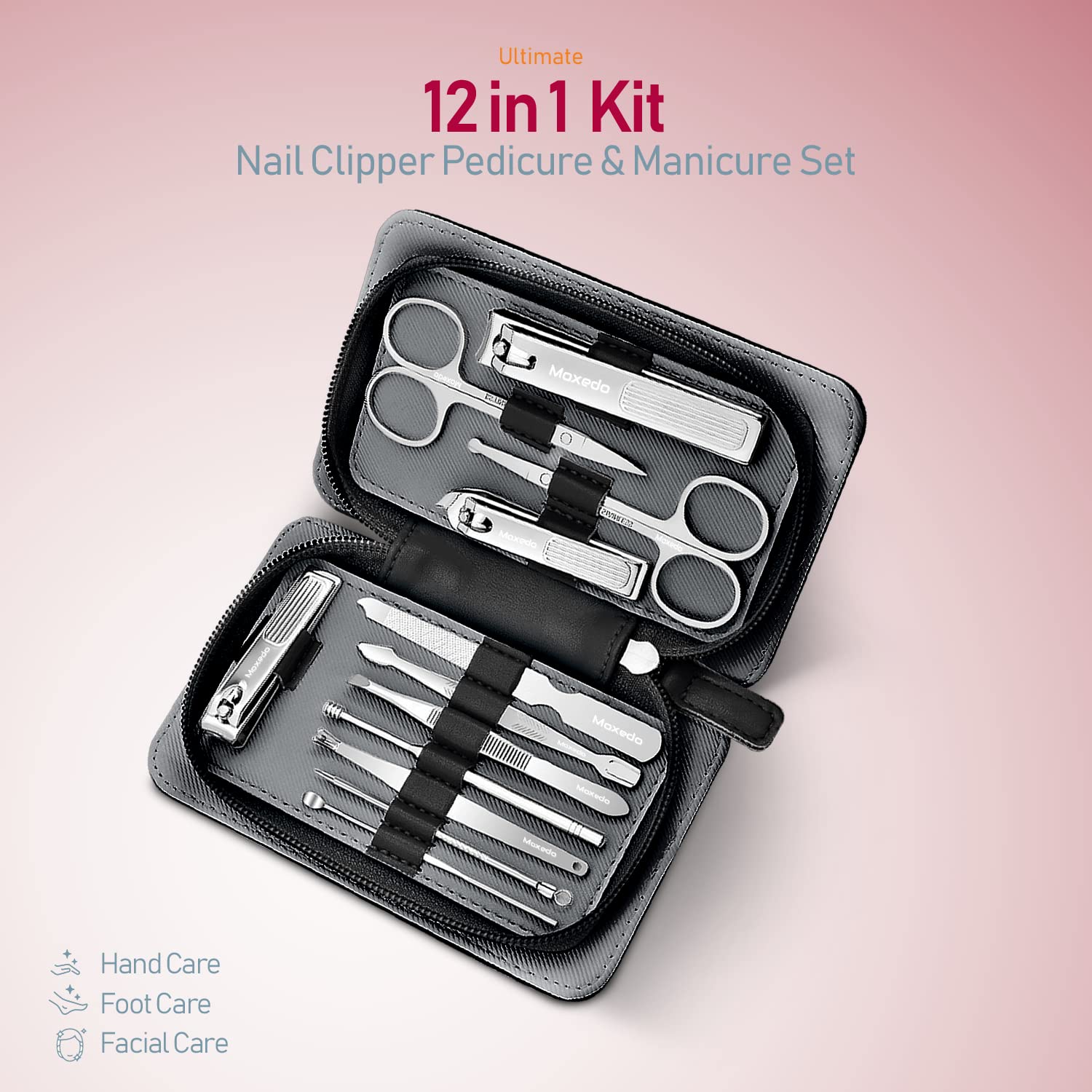 Moxedo 12 in 1 Kit Stainless Steel Professional Nail Clipper Manicure and Pedicure with Leather Travel Case