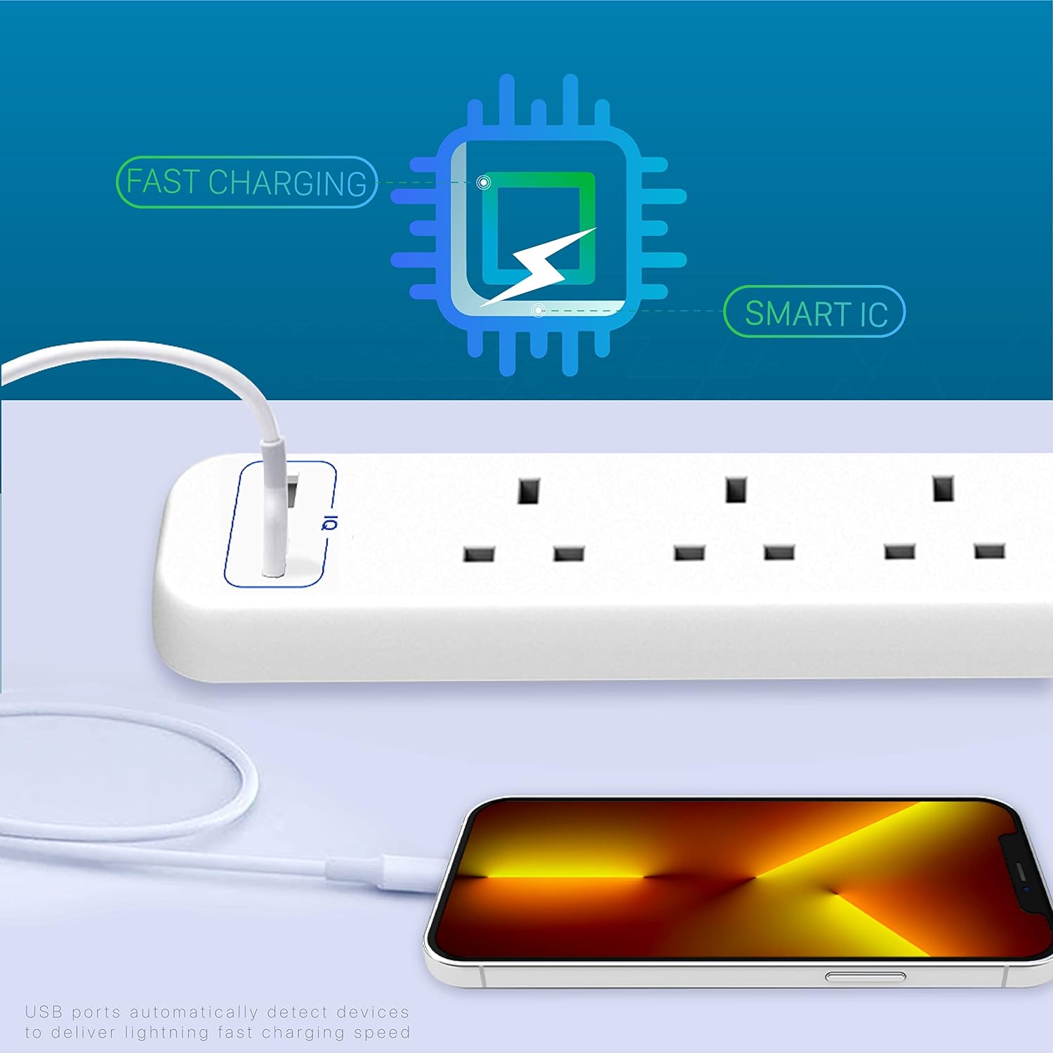 Remson Essential 6 Way 2 USB Ports + 4 AC Outlets Fast Charging Surge Protection 13A Power Strip - White