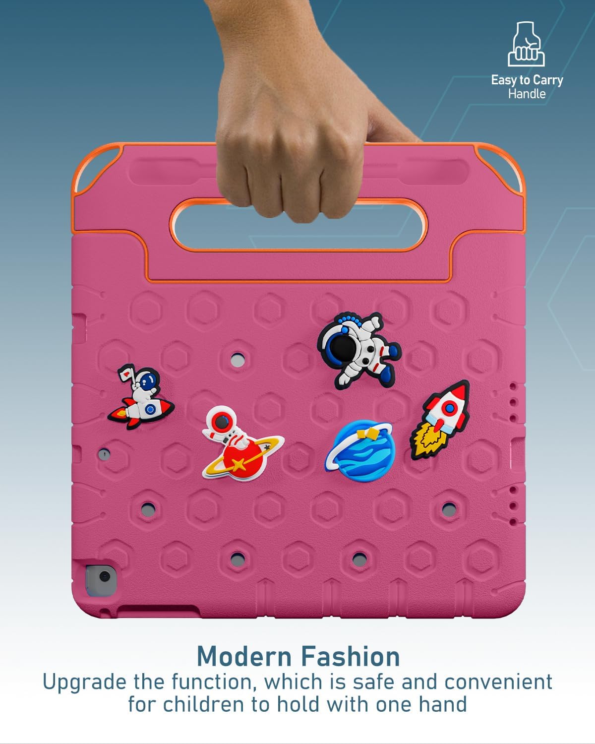 Moxedo Rugged Protective EVA Silicone Kids Case Cover, Shockproof DIY 3D Cartoon Pattern with Pencil Holder, Stand and Handle Grip for Apple iPad 9.7 inch - Rose Pink