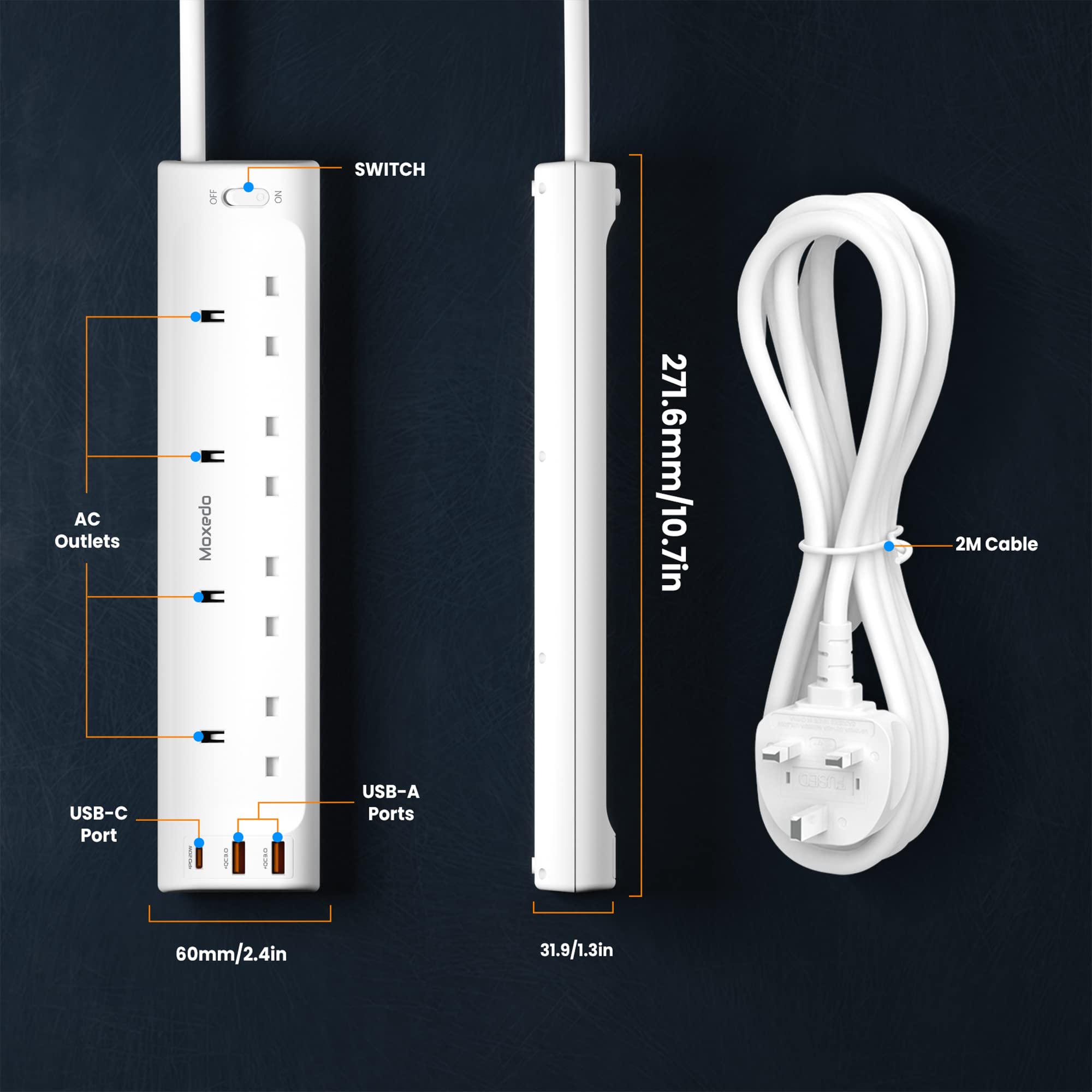 Moxedo 20W Power Strip Surge Protector 7 Way 1 USB-C PD Ports + 2 USB-A Ports + 4 AC Outlets with 2M Cable Length - White