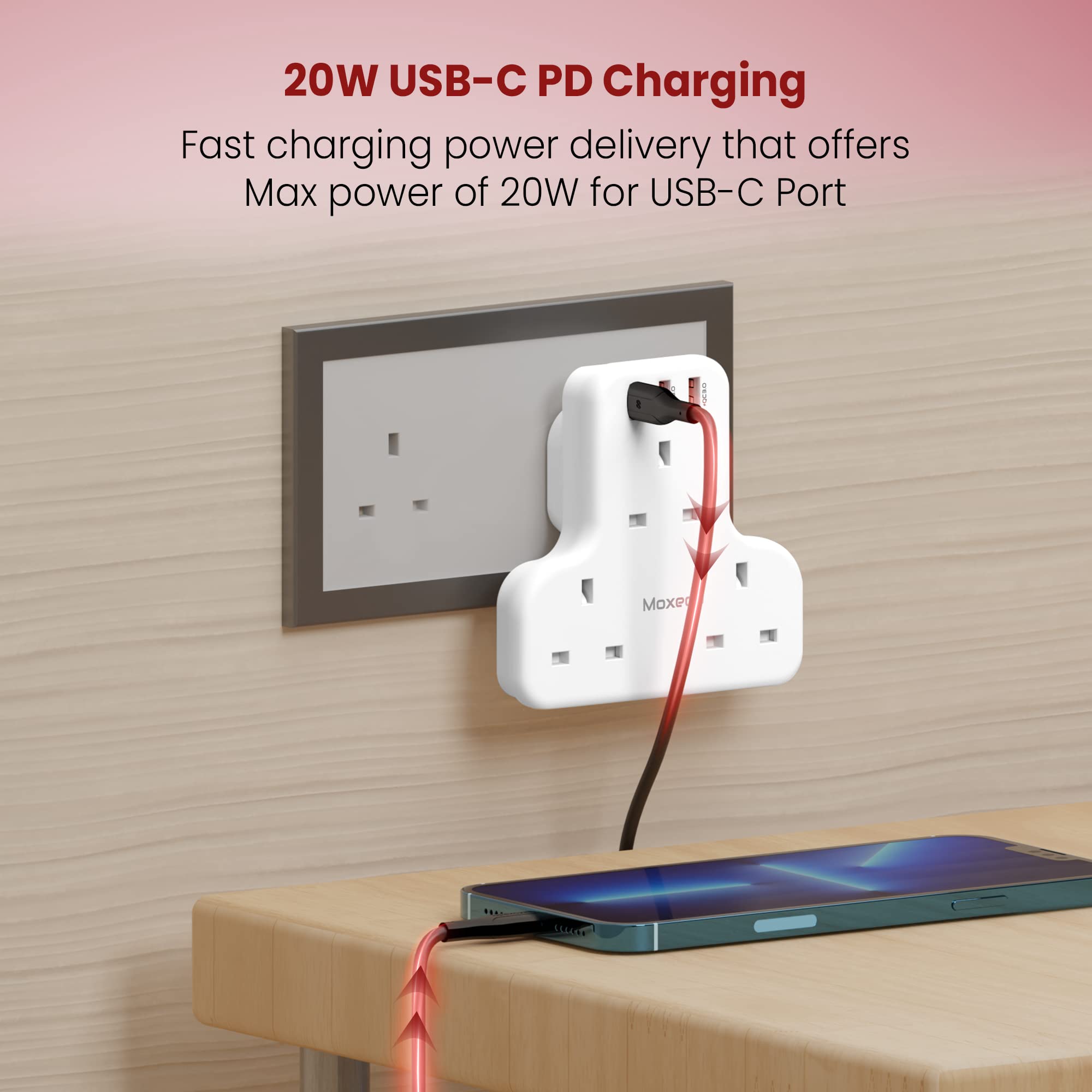 Moxedo 6 in 1 UK-Plug Power Extension Adapter with 2 USB-A Ports and 20W USB TYPE-C PD 3.0, 3 Way Electrical Extender Outlet