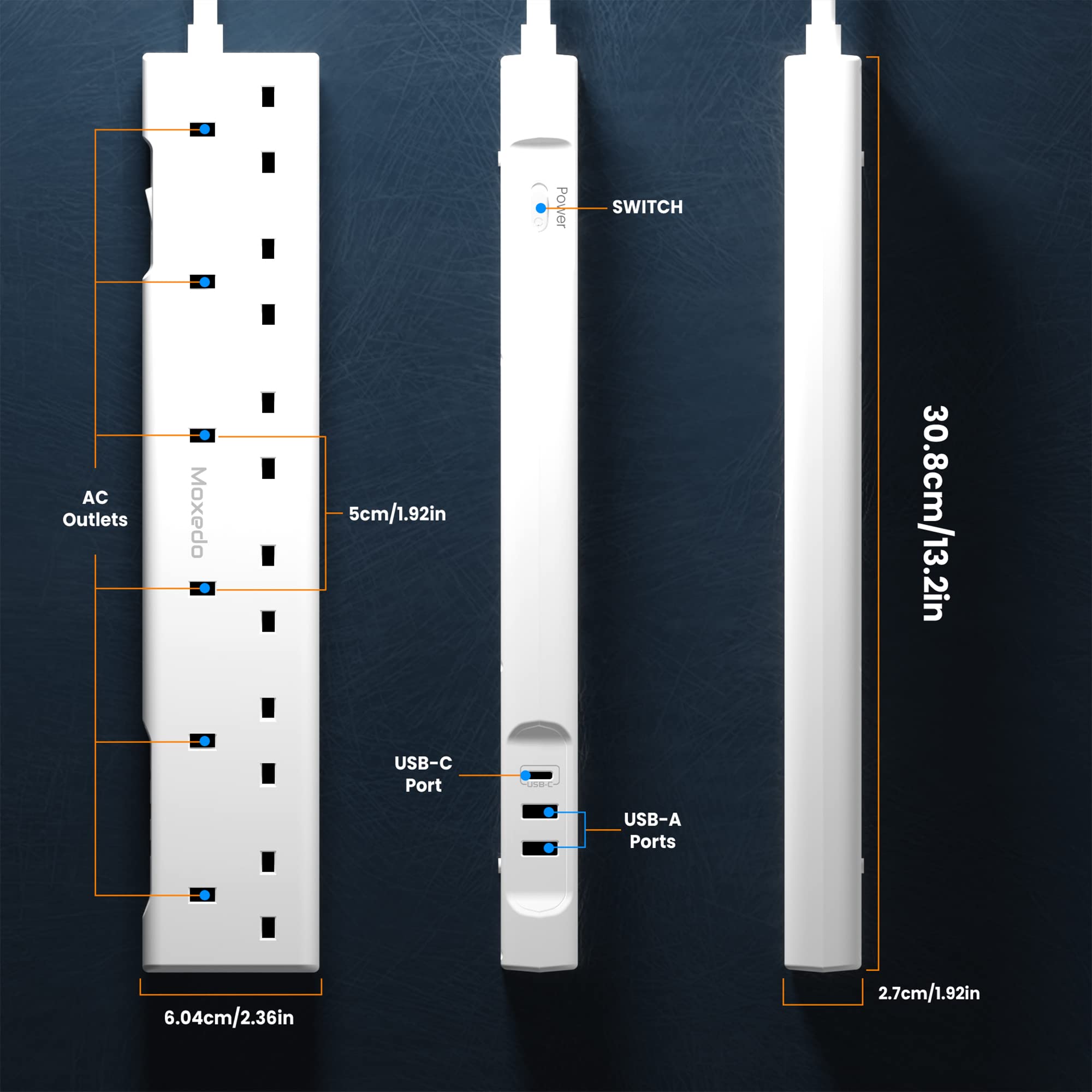 Moxedo 3250W Power Strip Surge Protector 9 Way 1 USB-C PD Ports + 2 USB-A Ports + 6 AC Outlets with 2M Cable Length - White