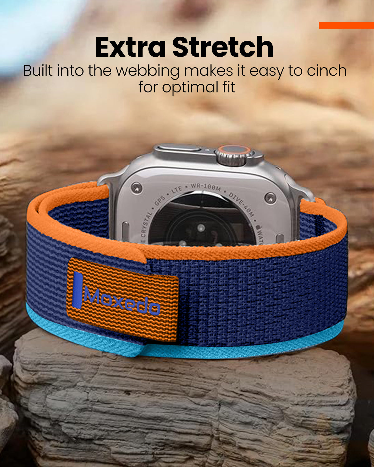 Moxedo Trail Loop Watch Band Adjustable Sports Nylon Woven with Convenient Pull Tab design for 44mm/45mm/49mm - Orange/Light Blue