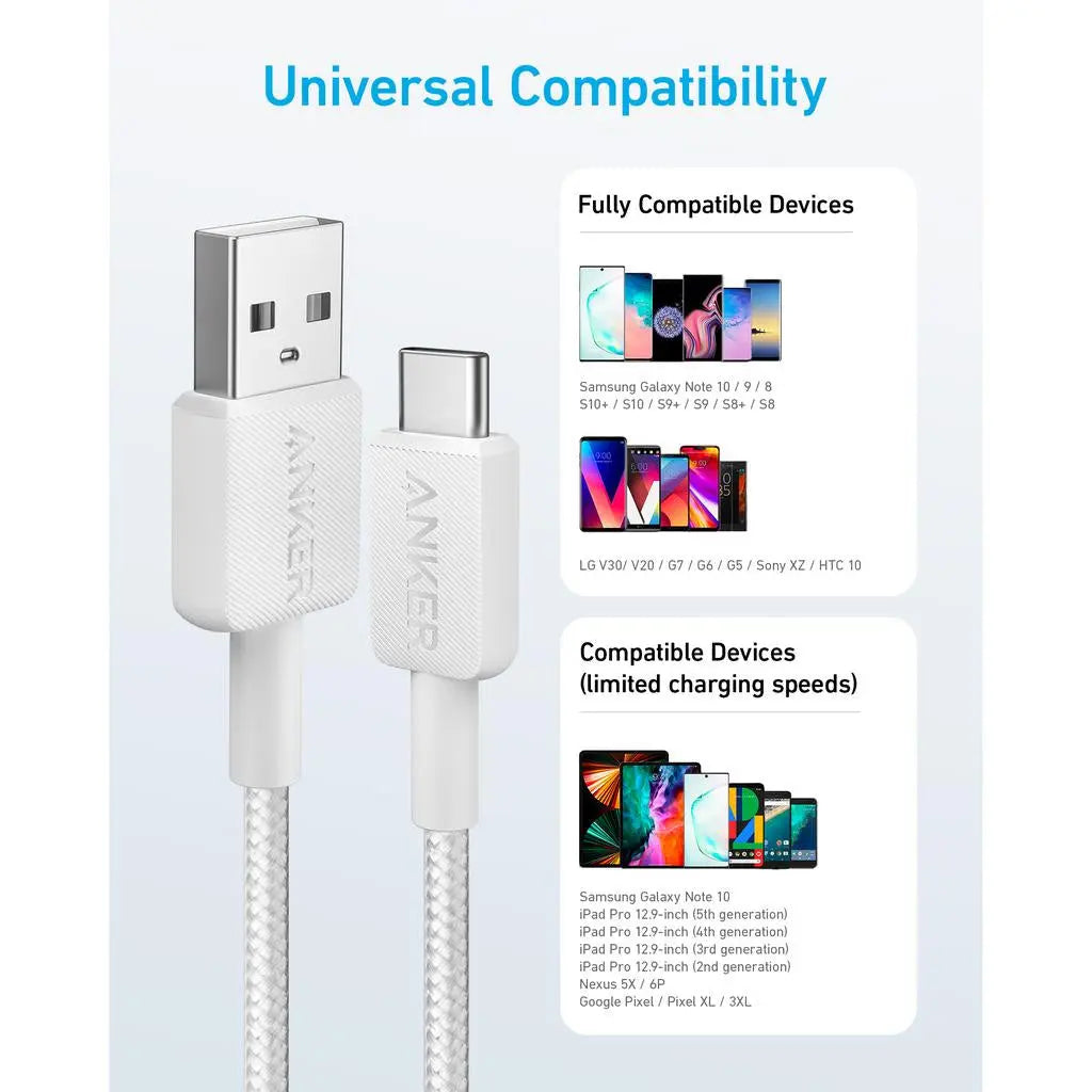 Anker 322 USB-A to USB-C Cable (6ft /1.8m Braided) - White