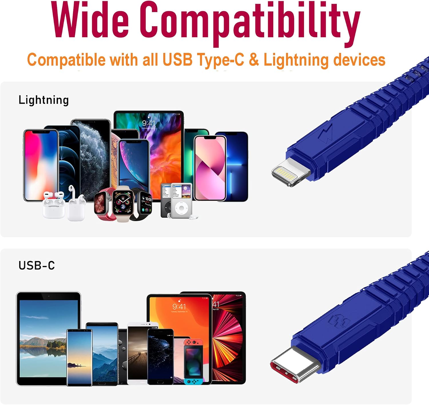 Moxedo Velox Ultimate All in One 10 Pack, Nylon Braided Fast Charge & Data Sync Cables USB-A to USB-C, USB-C to USB-C Compatible for iOS and Android Devices