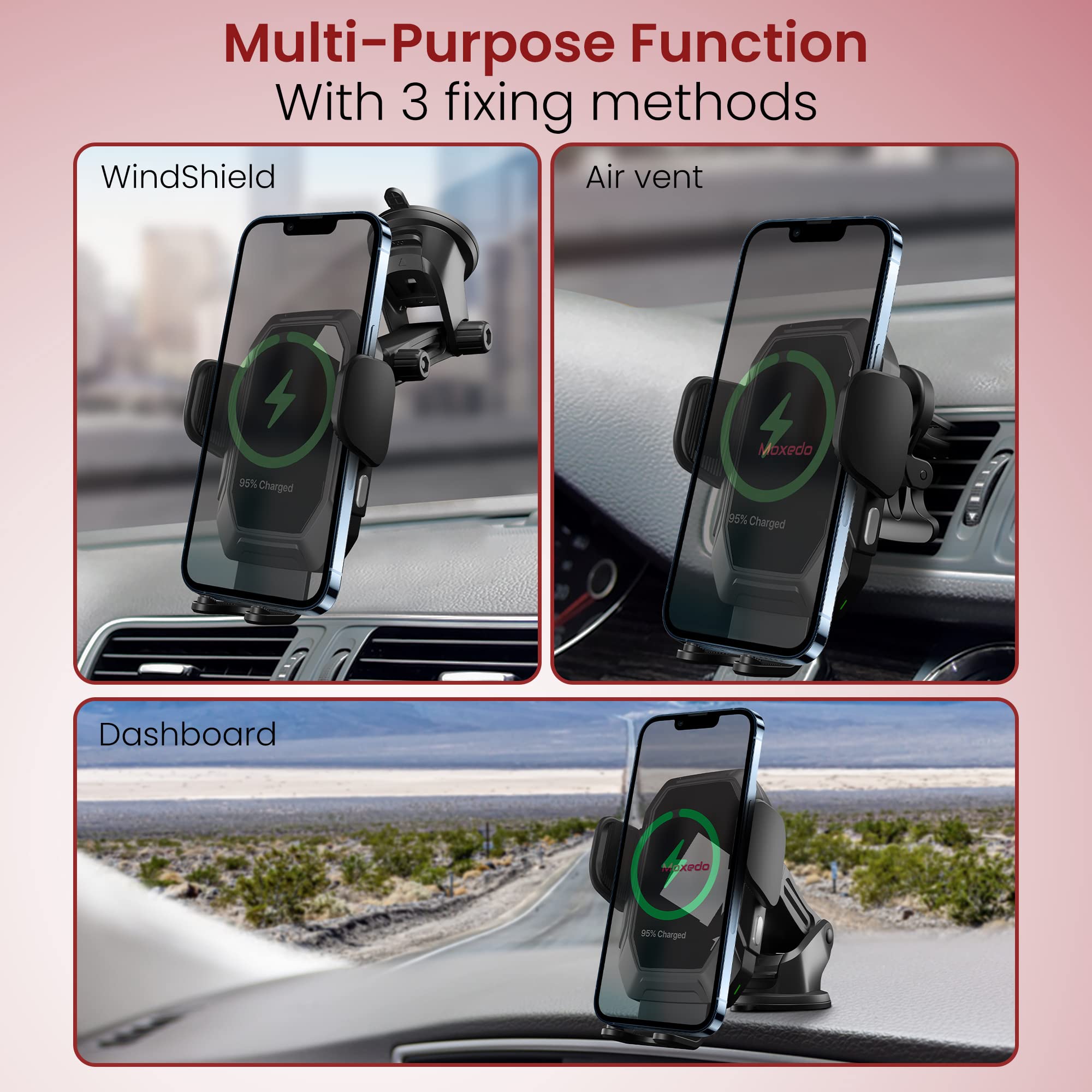 Moxedo 15W Wireless Phone Holder with Car Charger Qi Auto Sensor Windshield/Dashboard/Air Vent