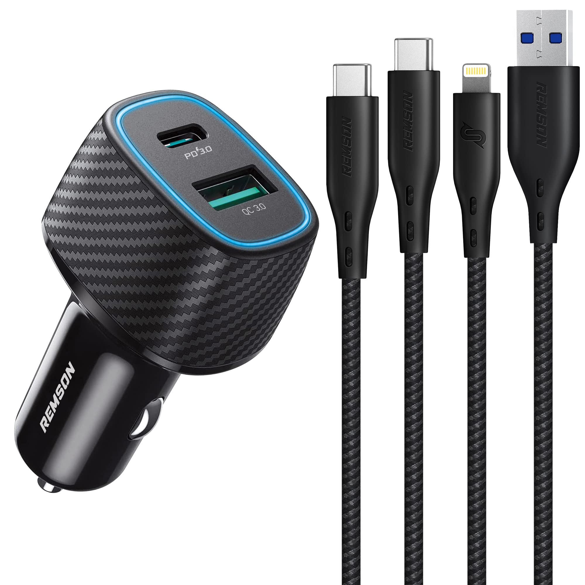 Remson Trio Pack PD Fast Car Charger With Type-C And Lightning Cable