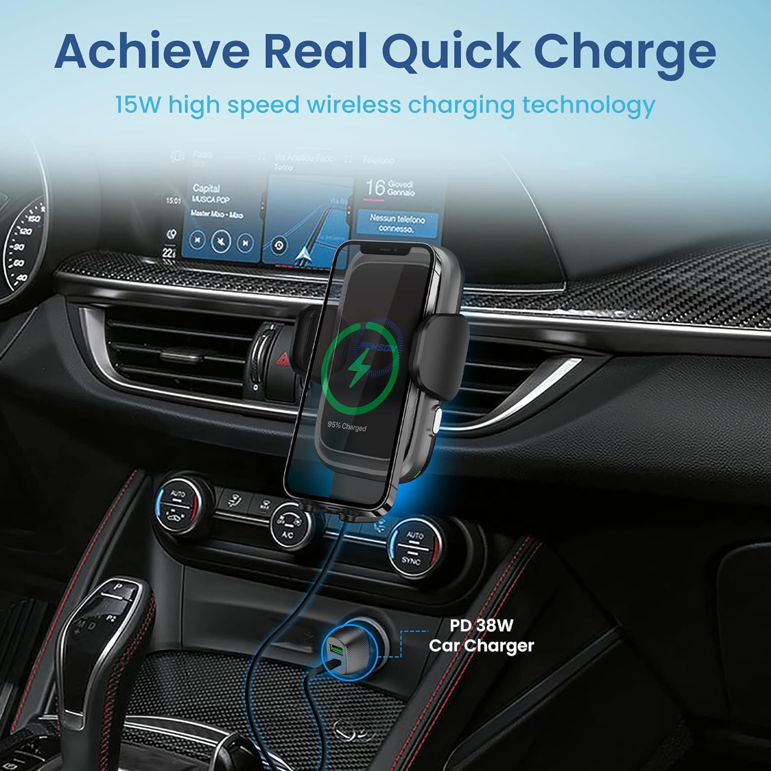 Remson Wireless Car Charger Mount, 15W Qi Auto Clamping Windshield/Dashboard/Air Vent  with Built in Cooling Fan