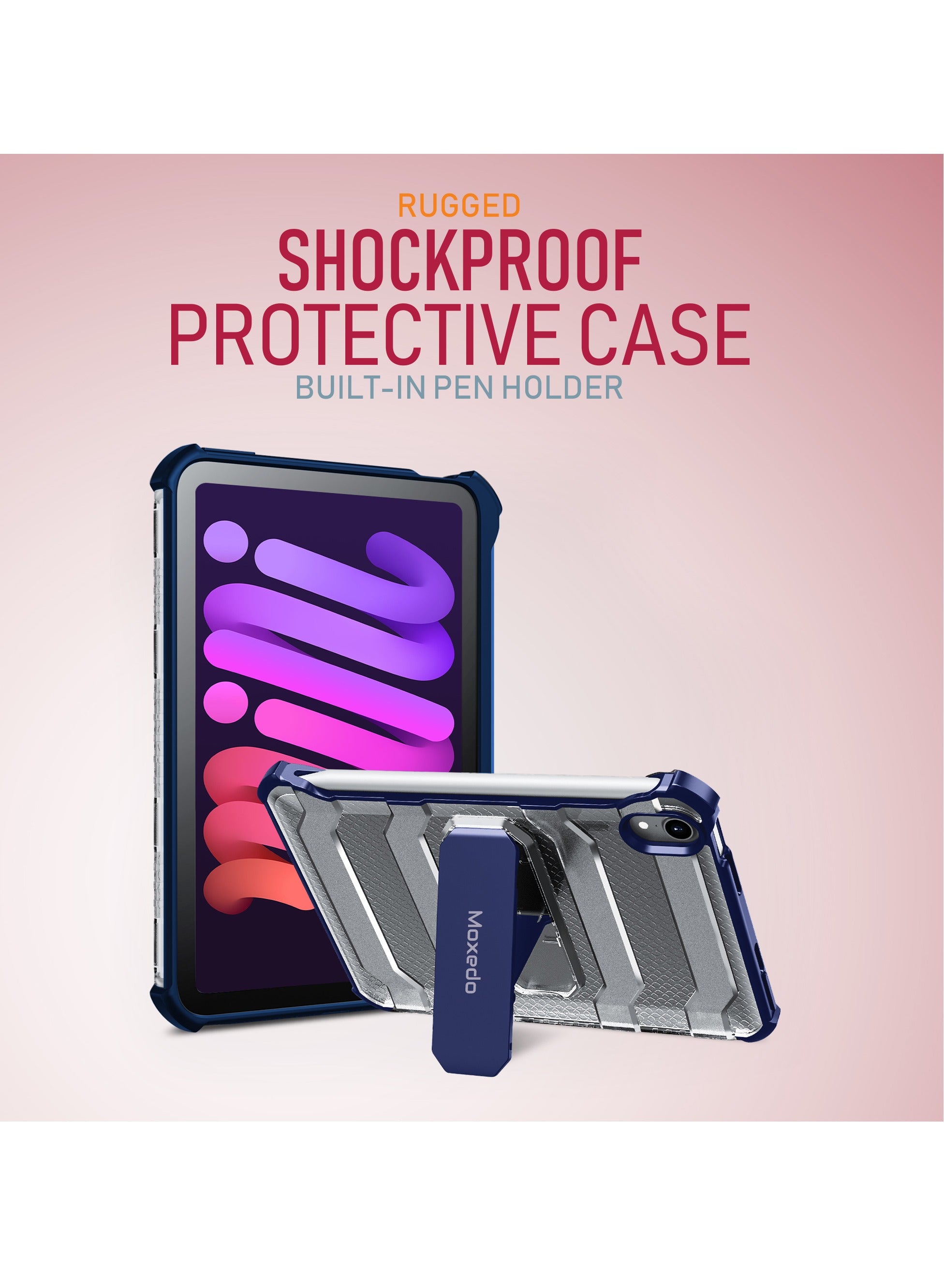 Moxedo Rugged Shockproof Protective Case Cover Hard PC Drop Protection with Kickstand Pen Holder for iPad Mini 6 2021-Dark Blue