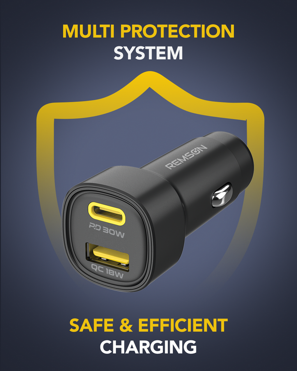 Remson Neo Power Car Charger PD 48W 1 USB-C Port/ 1 USB-A Port and 1 USB-C Cable Fast Charging Compatible For iPhone 16 Pro/ Pro Max/16/15/14/13/12, Galaxy, S24/S23/S22/S21, iPad Pro 6/Air 5