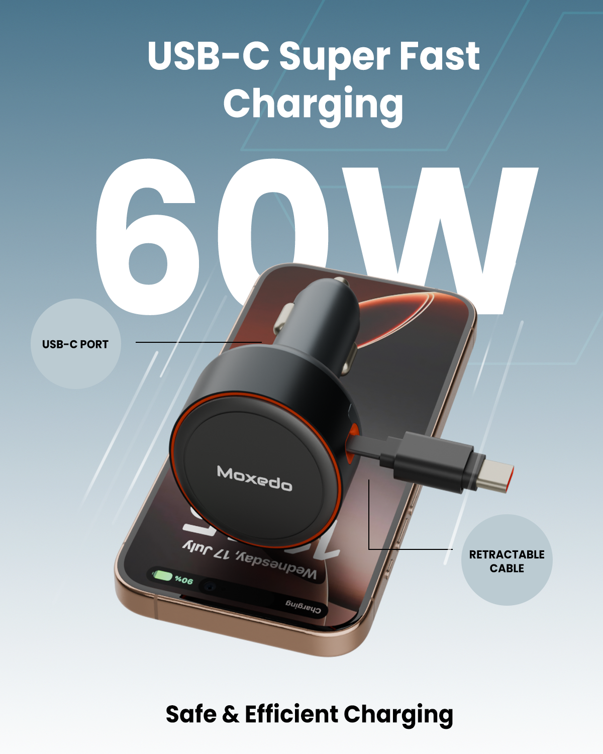 Moxedo 60W Ultra-Fast Car Charger with Built-in Retractable USB-C Cable and USB-C Port Compatible for Galaxy S24, iPhone 16/15 Series, MacBook and more