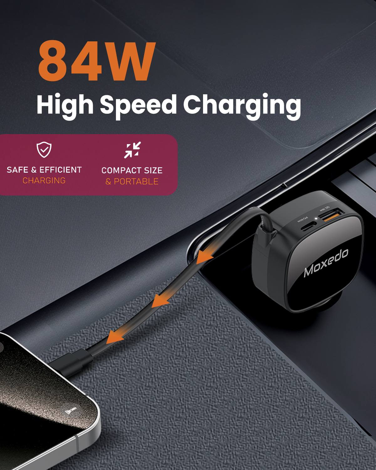 Moxedo 84W Car Charger Fast Charging with Retractable USB-C Cable & Dual Ports