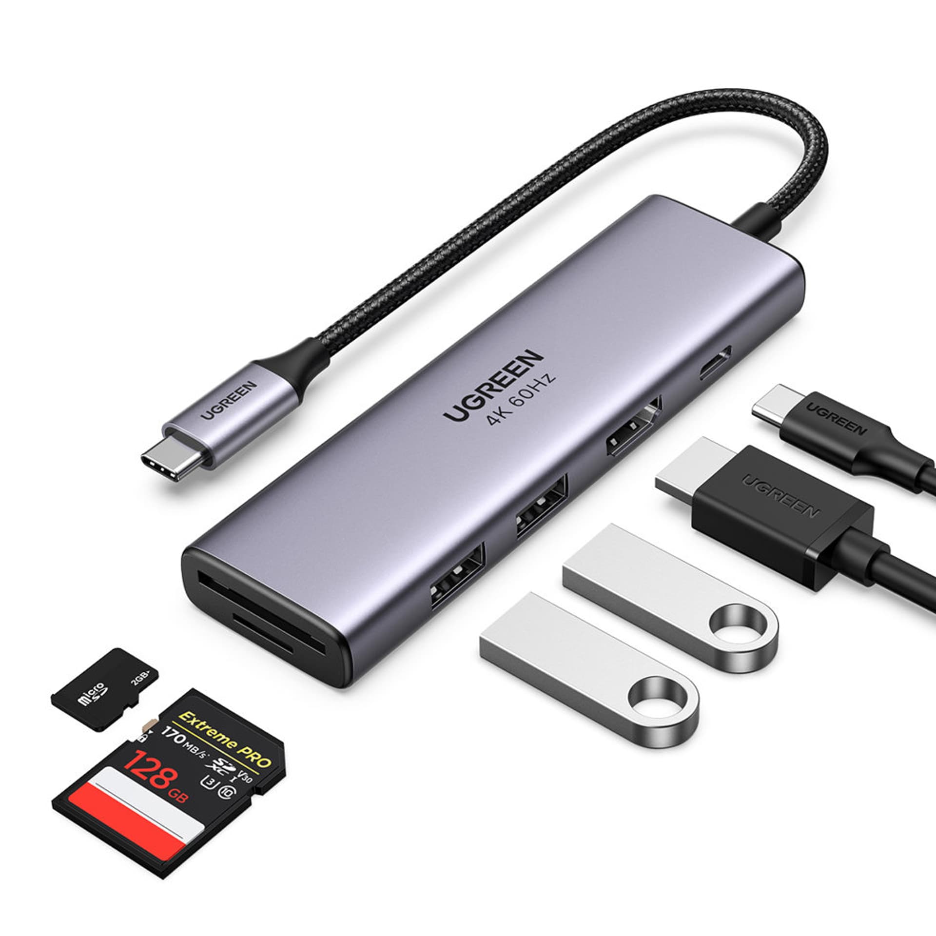 محول يوجرين 5 في 1 CM511، موزع USB-C إلى 2x USB،HDMI، USB-C، TF/SD (رمادي)